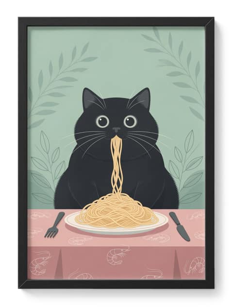 Black Cat Eating Spaghetti Funny Kitchen Dining Room Plump Sits Table