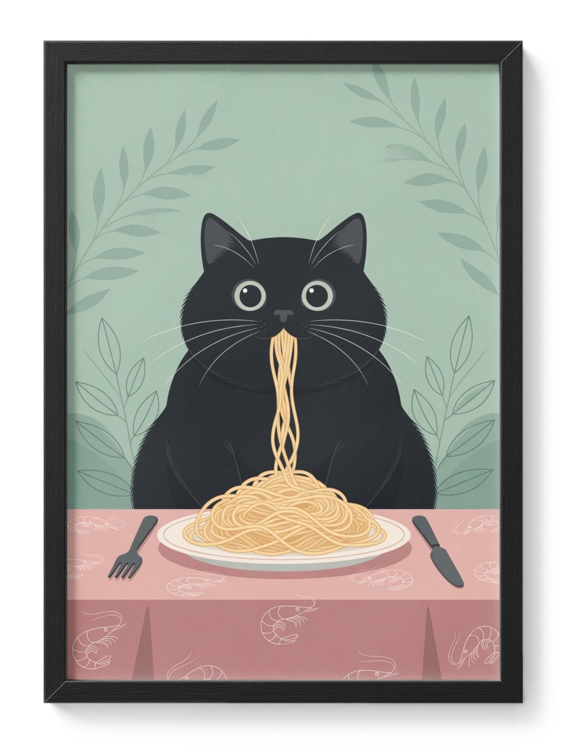 Black Cat Eating Spaghetti Funny Kitchen Dining Room Plump Sits Table — main view