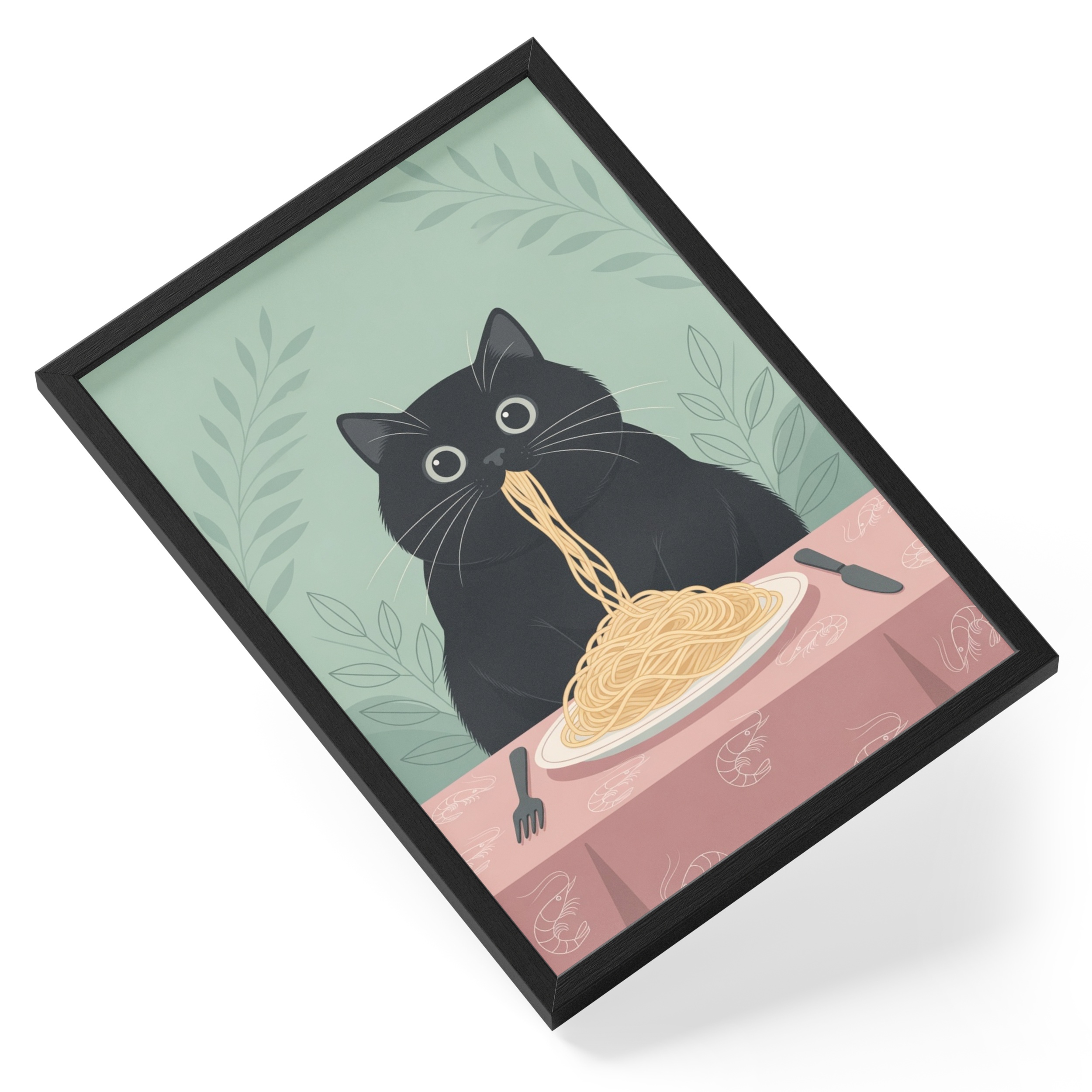 Black Cat Eating Spaghetti Funny Kitchen Dining Room Plump Sits Table — angled view