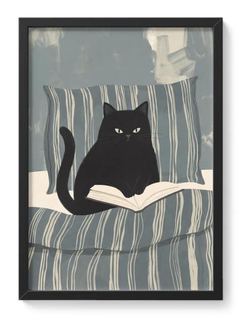 Black Cat Reading Book Bedroom Painting Cozy Lover Curled Quiet Moment