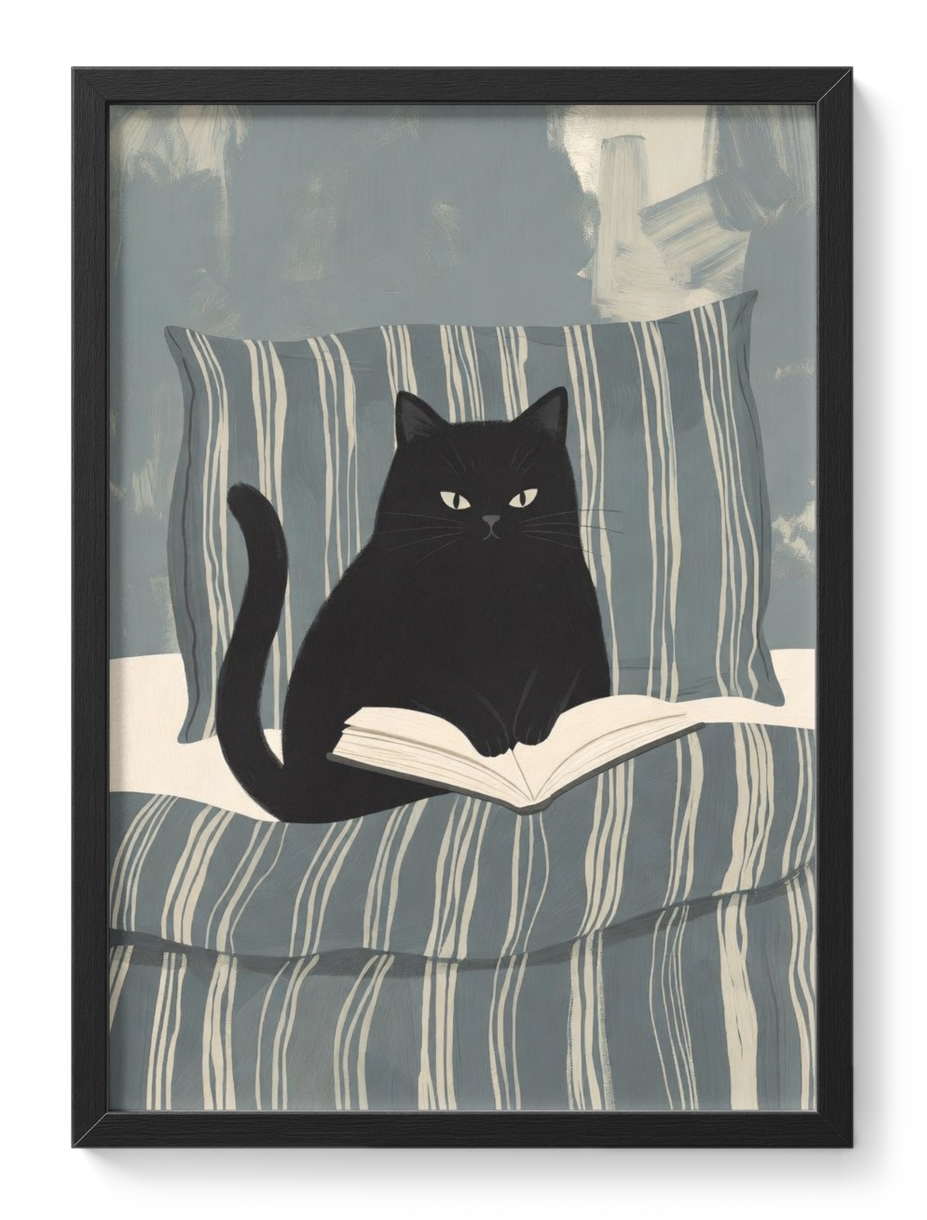 Black Cat Reading Book Bedroom Painting Cozy Lover Curled Quiet Moment — main view