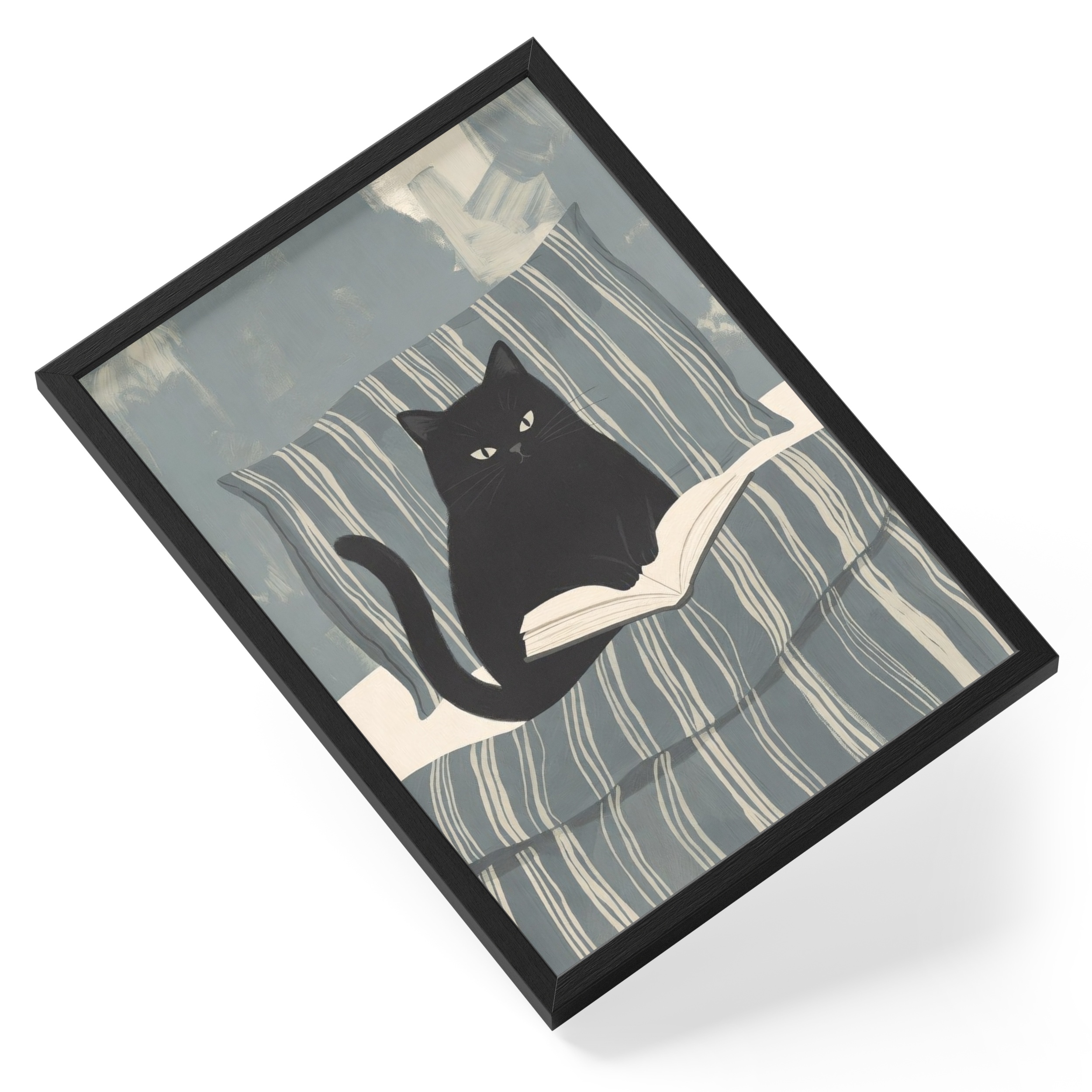 Black Cat Reading Book Bedroom Painting Cozy Lover Curled Quiet Moment — angled view