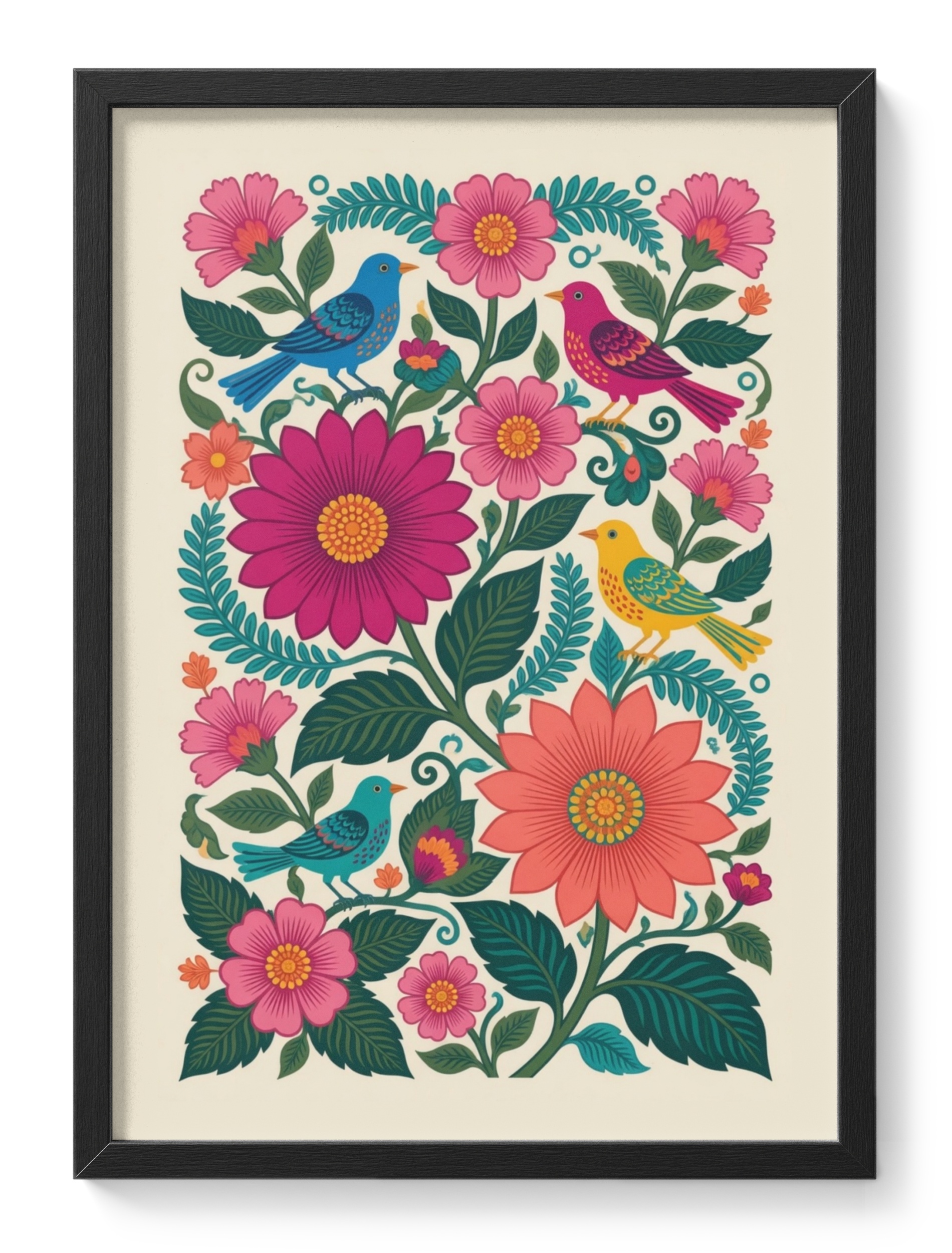 Magenta Songbirds Otomi Mexican Folk Floral Bird Vibrant Pink — main view