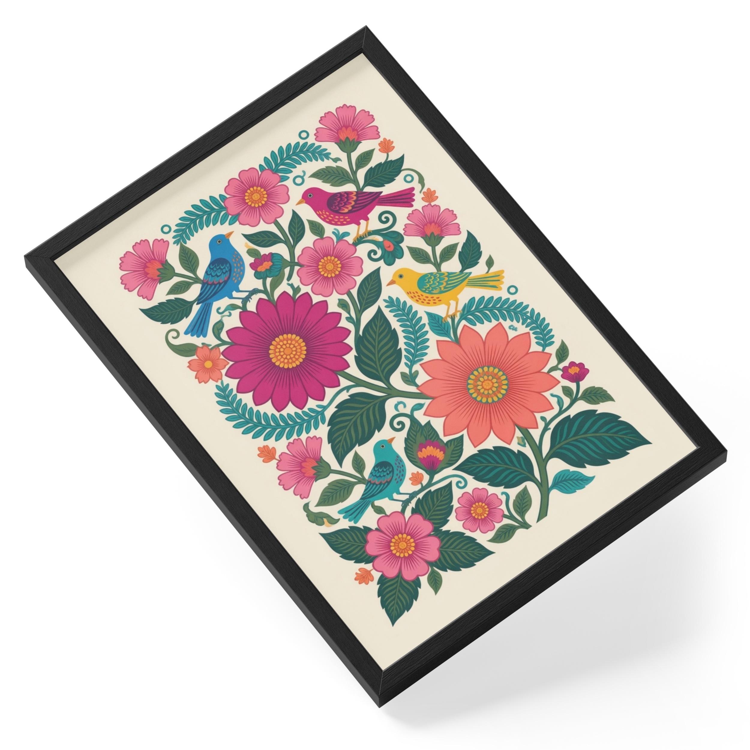 Magenta Songbirds Otomi Mexican Folk Floral Bird Vibrant Pink — angled view