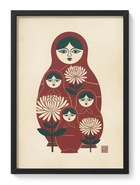 Matryoshka Folk Doll Linocut Floral Nordic Nesting Rendered Like