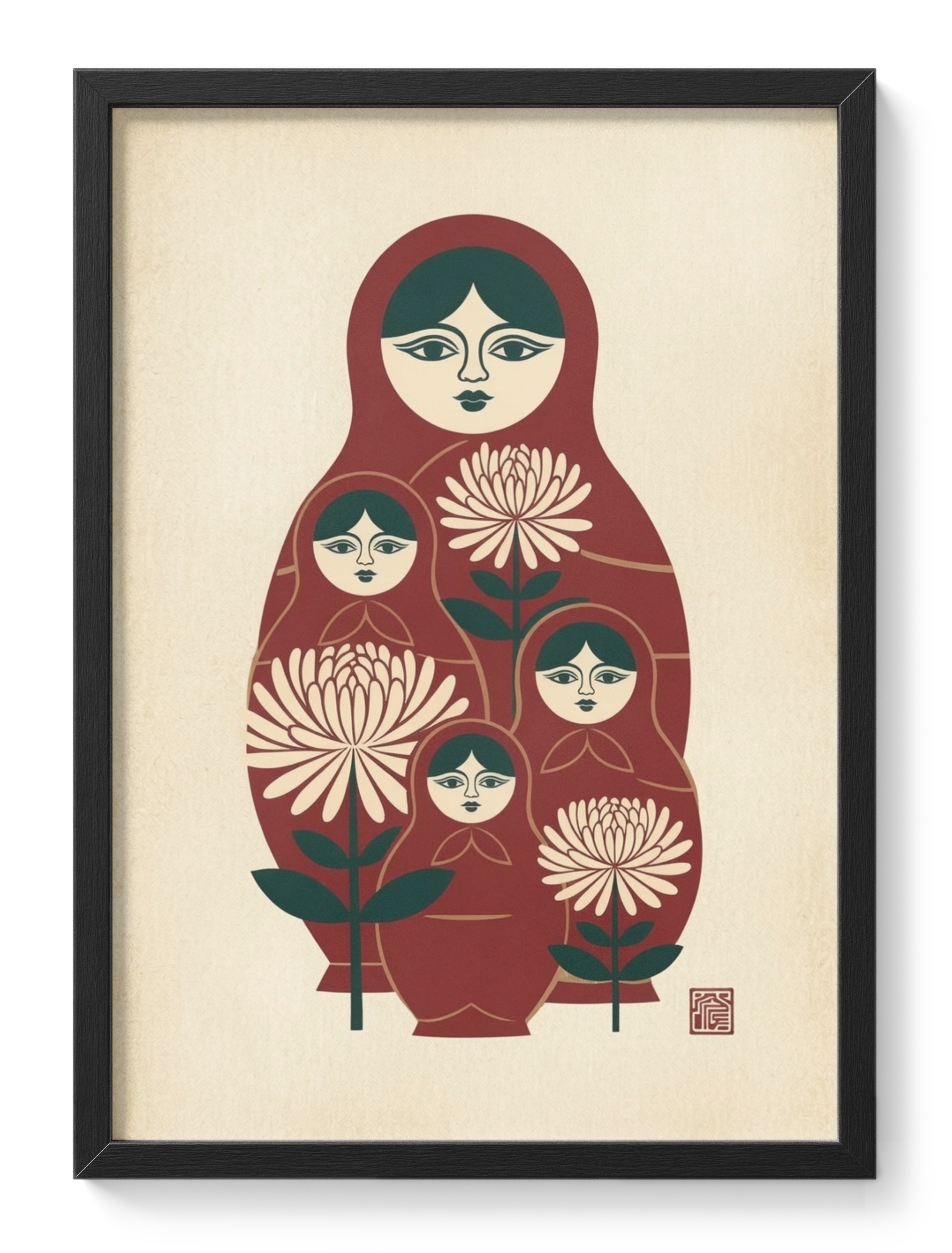 Matryoshka Folk Doll Linocut Floral Nordic Nesting Rendered Like — main view