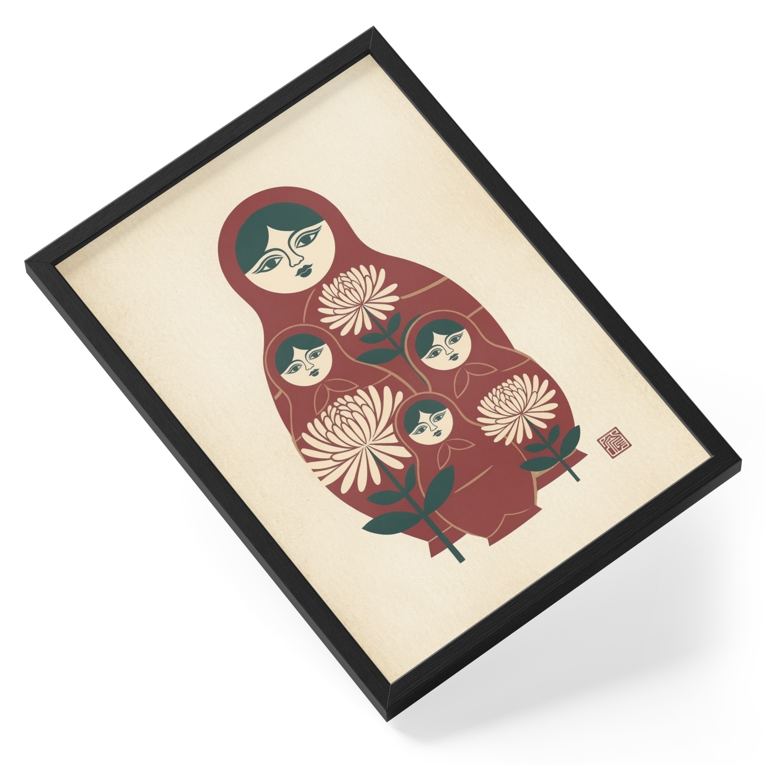 Matryoshka Folk Doll Linocut Floral Nordic Nesting Rendered Like — angled view
