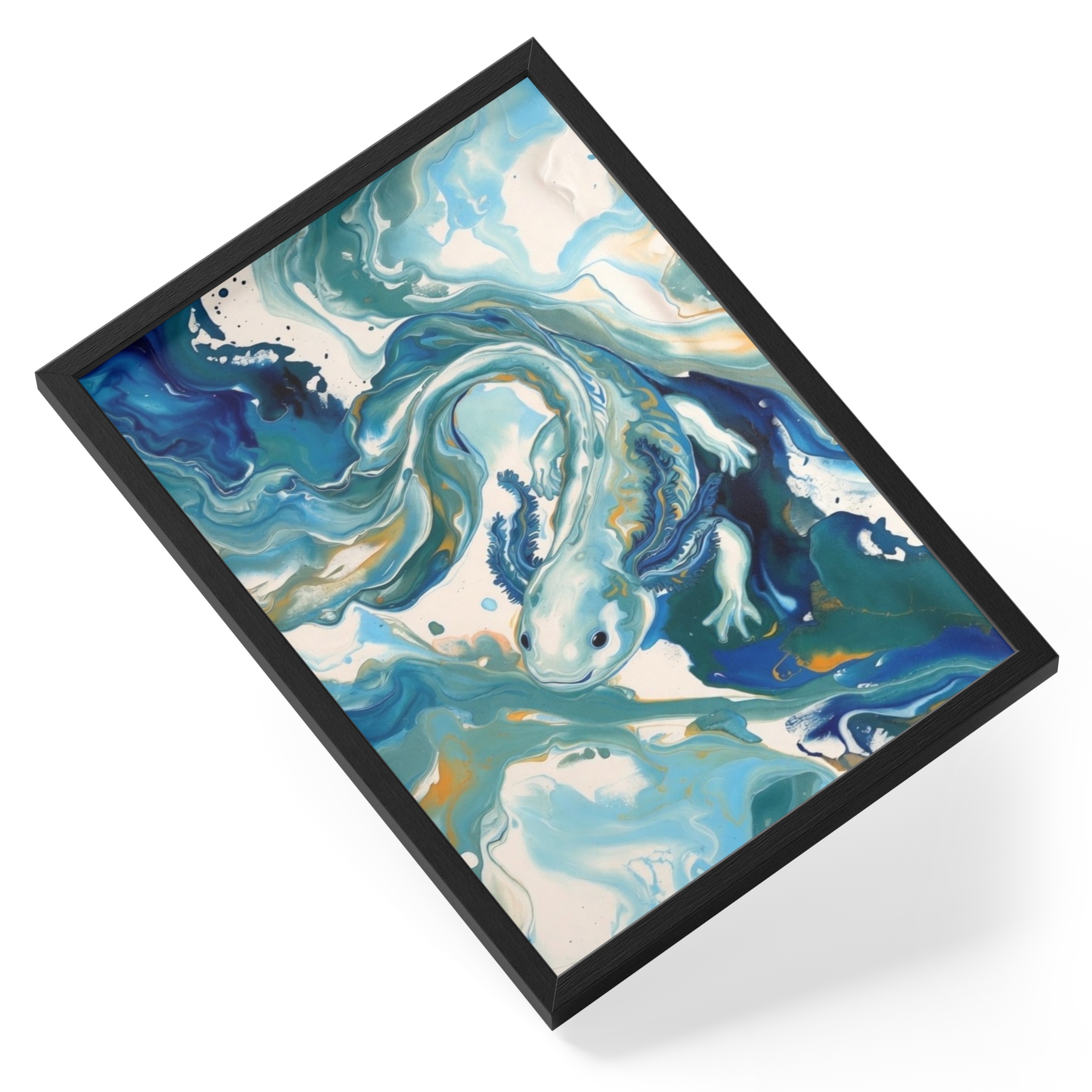 Abstract Axolotl Painting Fluid Aquatic Wildlife Soft Blue Smiling — angled view