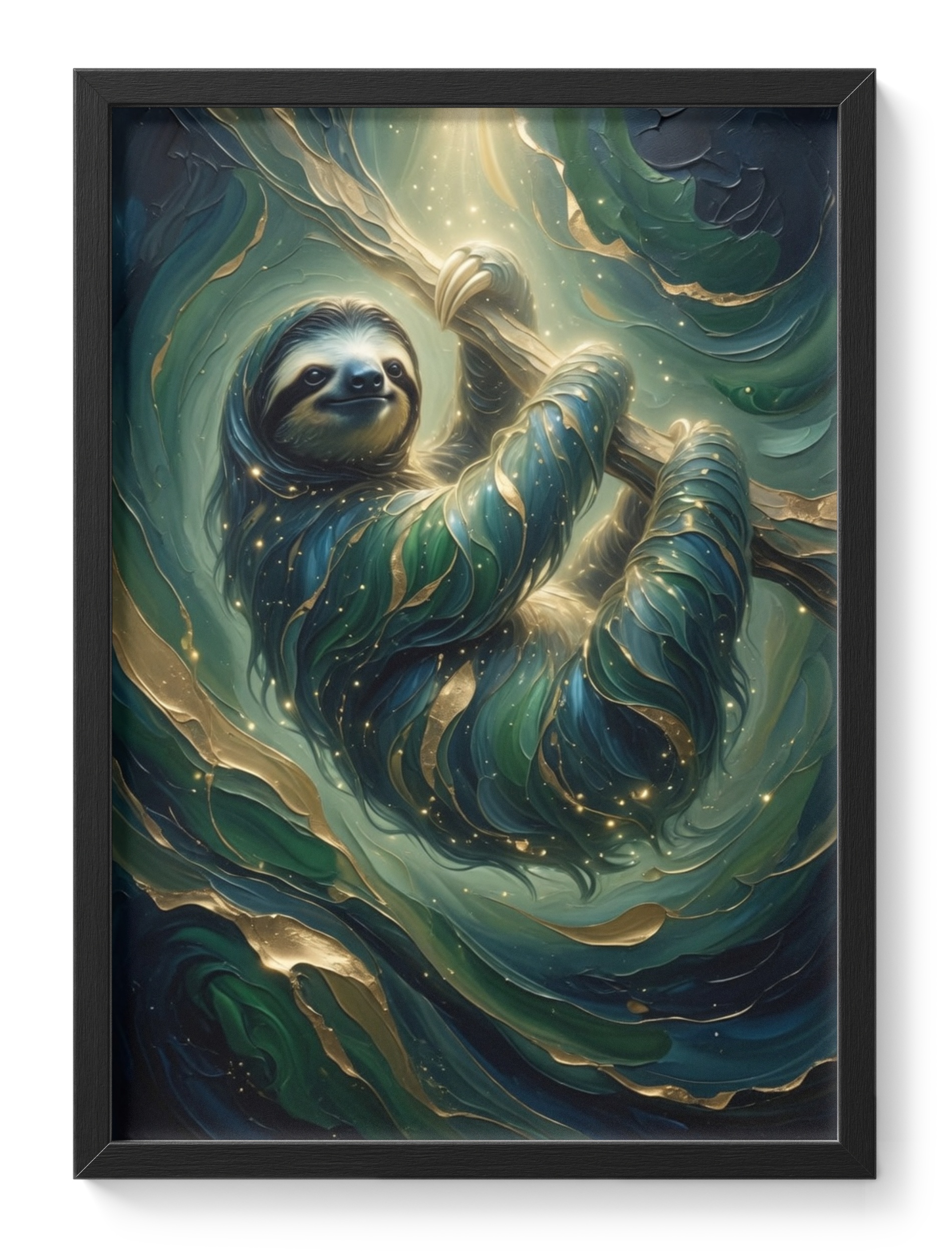 Abstract Sloth Painting Celestial Wildlife Teal Gold Soft Smiling — main view