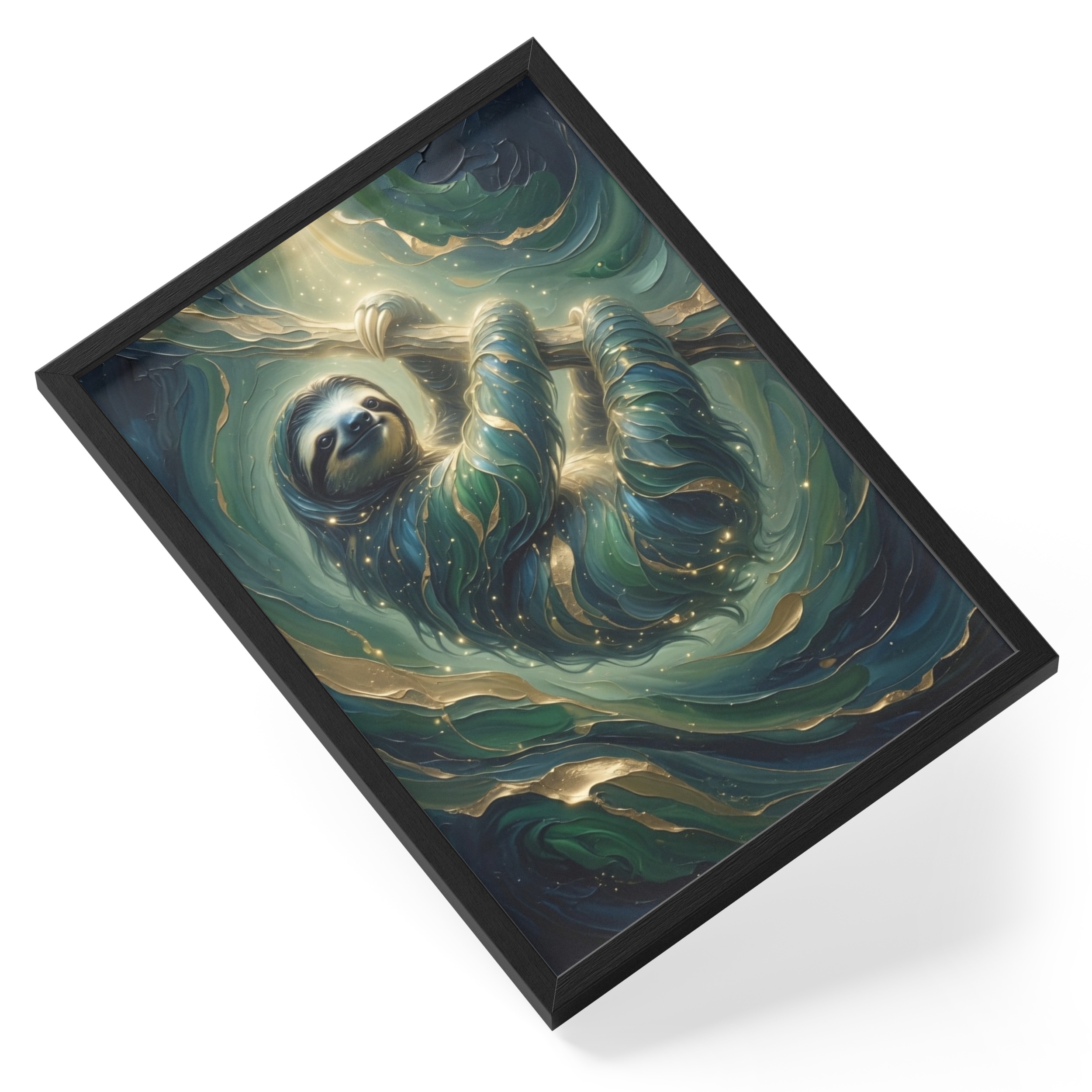 Abstract Sloth Painting Celestial Wildlife Teal Gold Soft Smiling — angled view