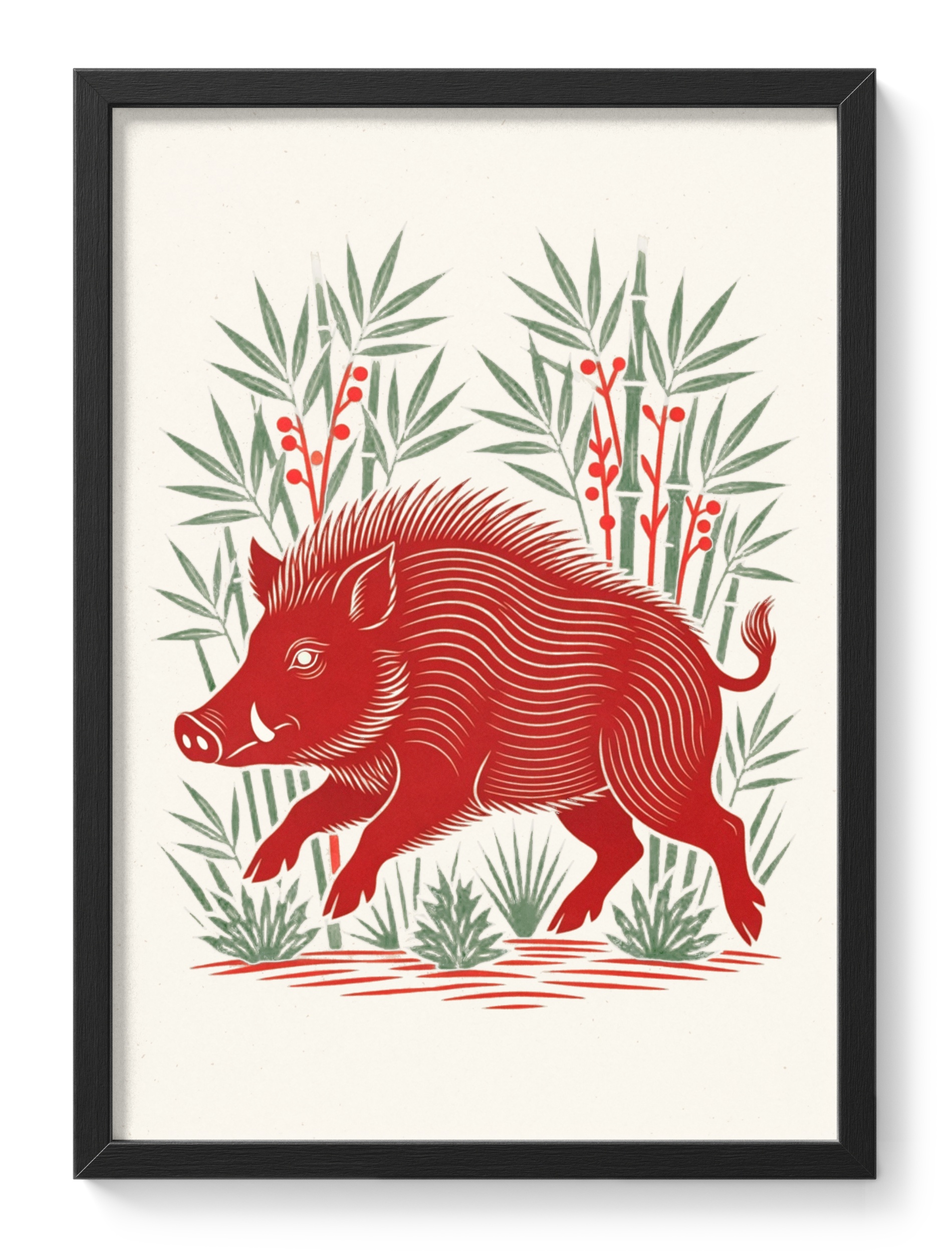 Crimson Boar Bamboo Linocut Japanese Folk Zodiac Bold Green Berries — main view