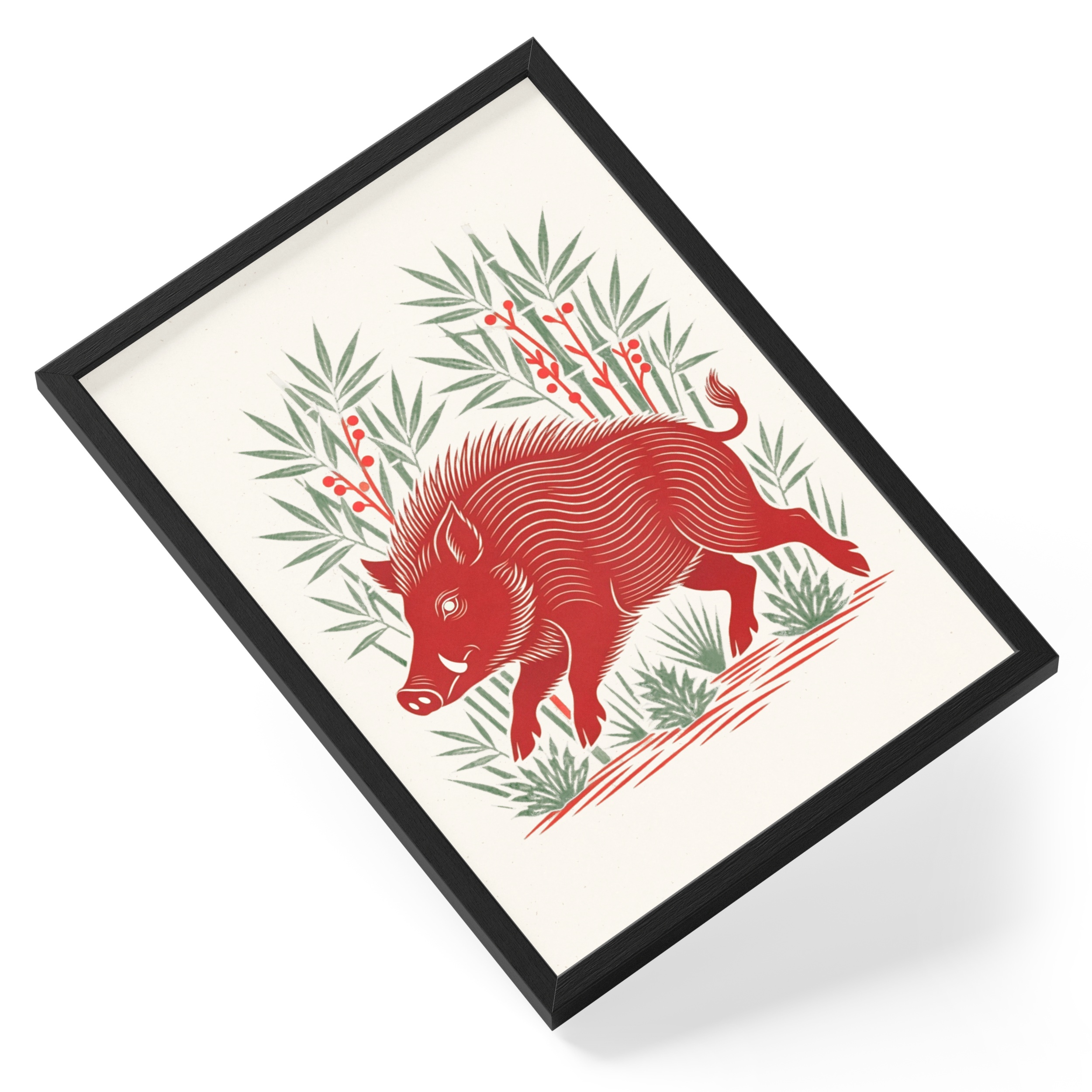 Crimson Boar Bamboo Linocut Japanese Folk Zodiac Bold Green Berries — angled view