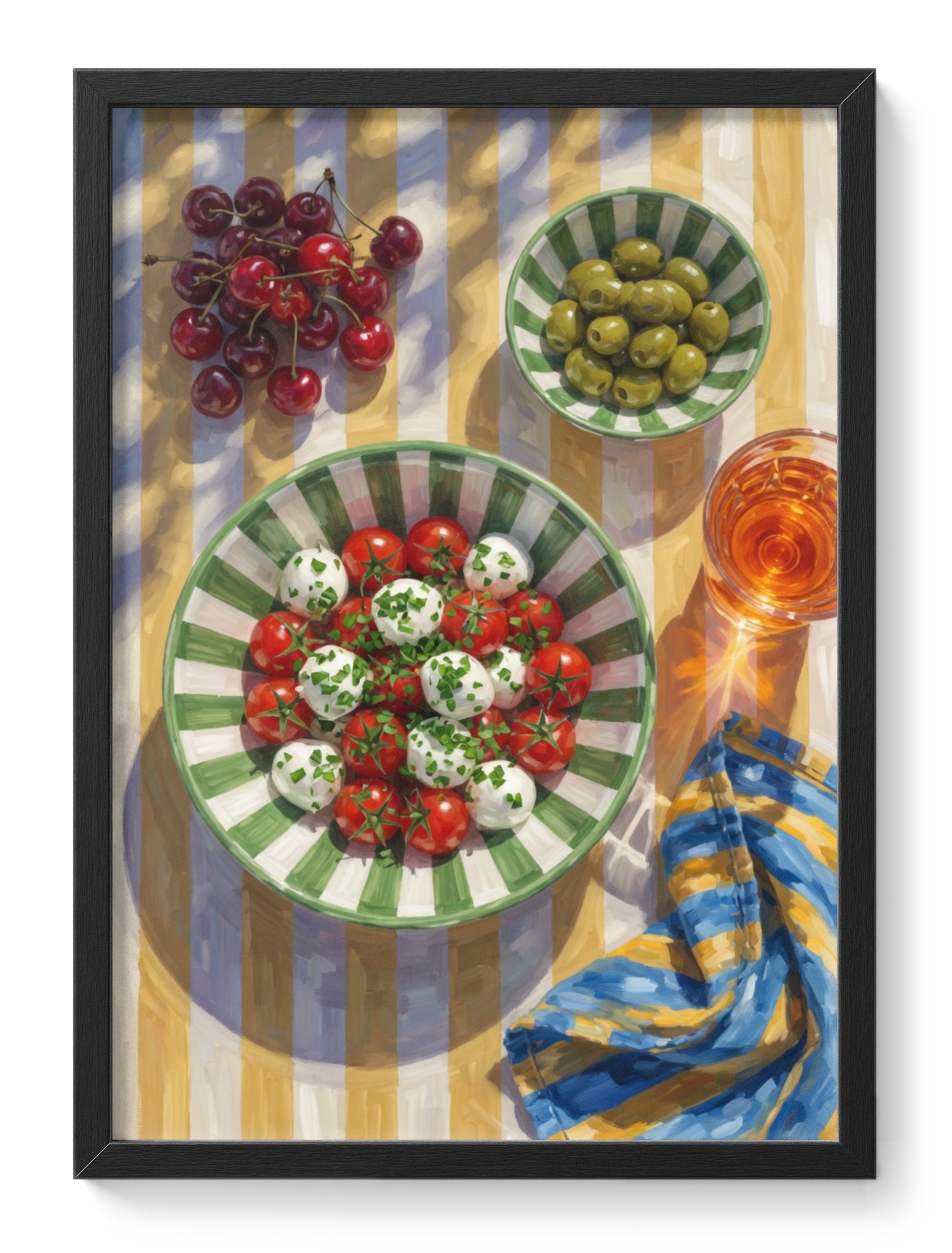 Mediterranean Kitchen Still Life Caprese Olives Cherries Sunny Soft — main view