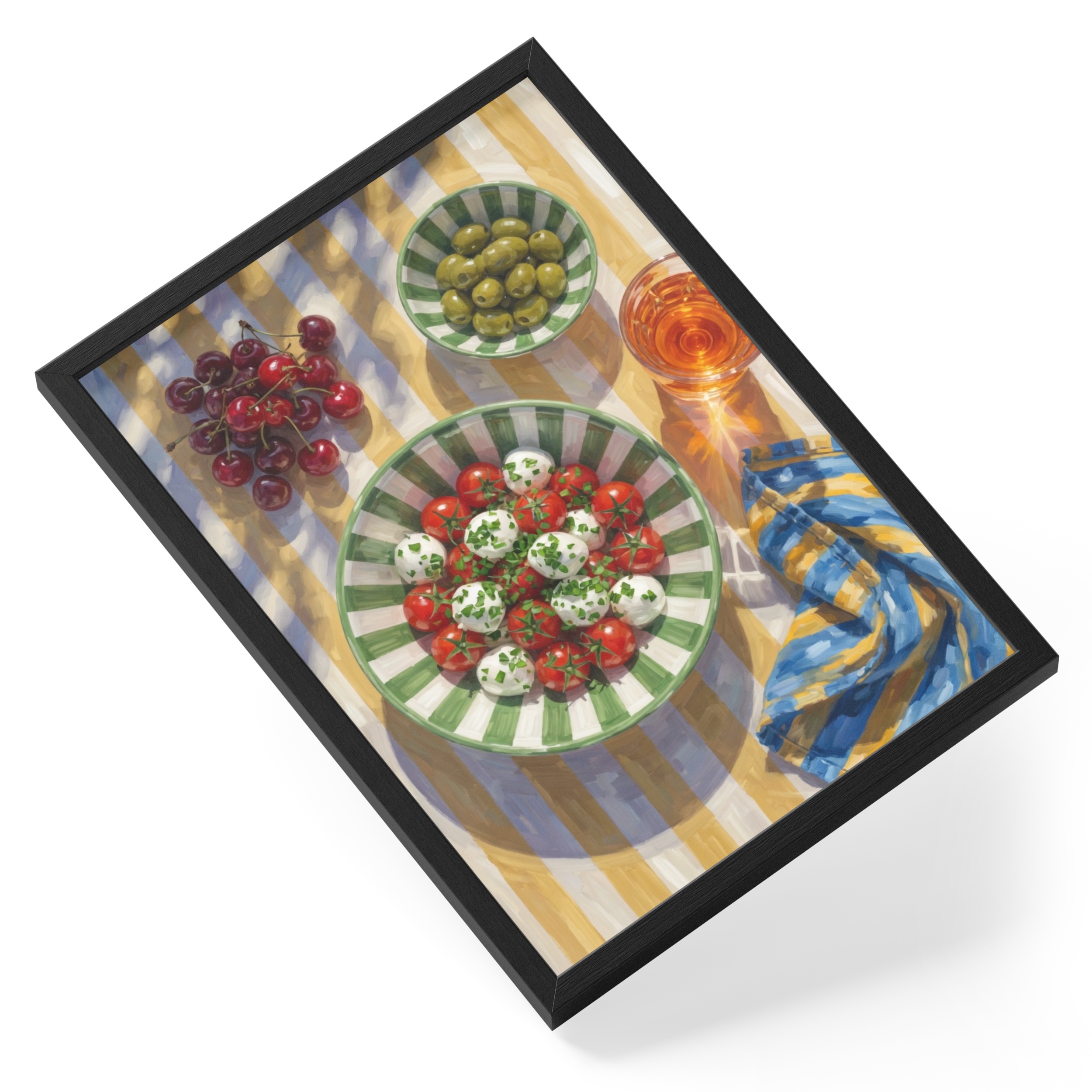 Mediterranean Kitchen Still Life Caprese Olives Cherries Sunny Soft — angled view
