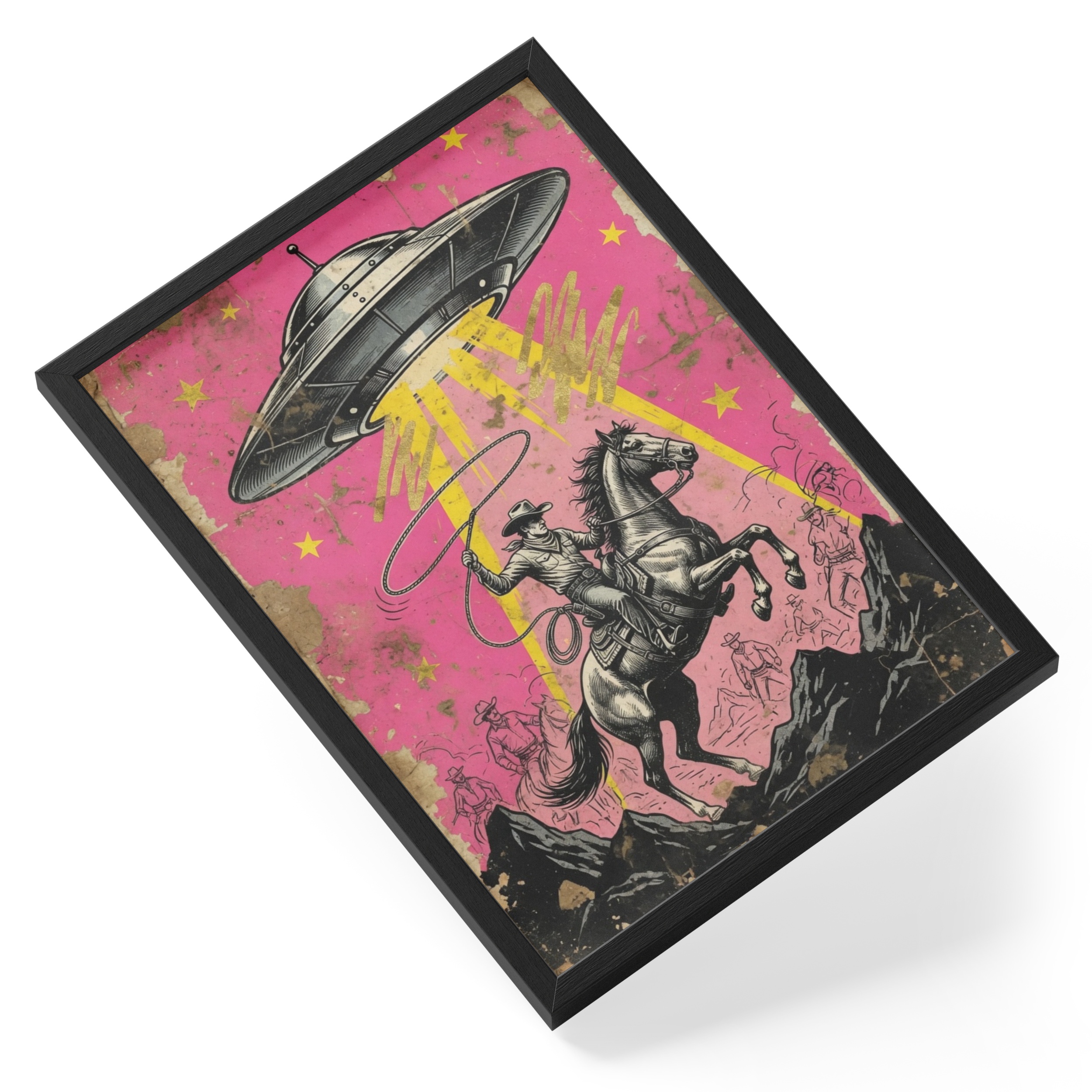Cowboy Ufo Pop Art Western Retro Sci Fi Bold Rearing Horse Pink — angled view