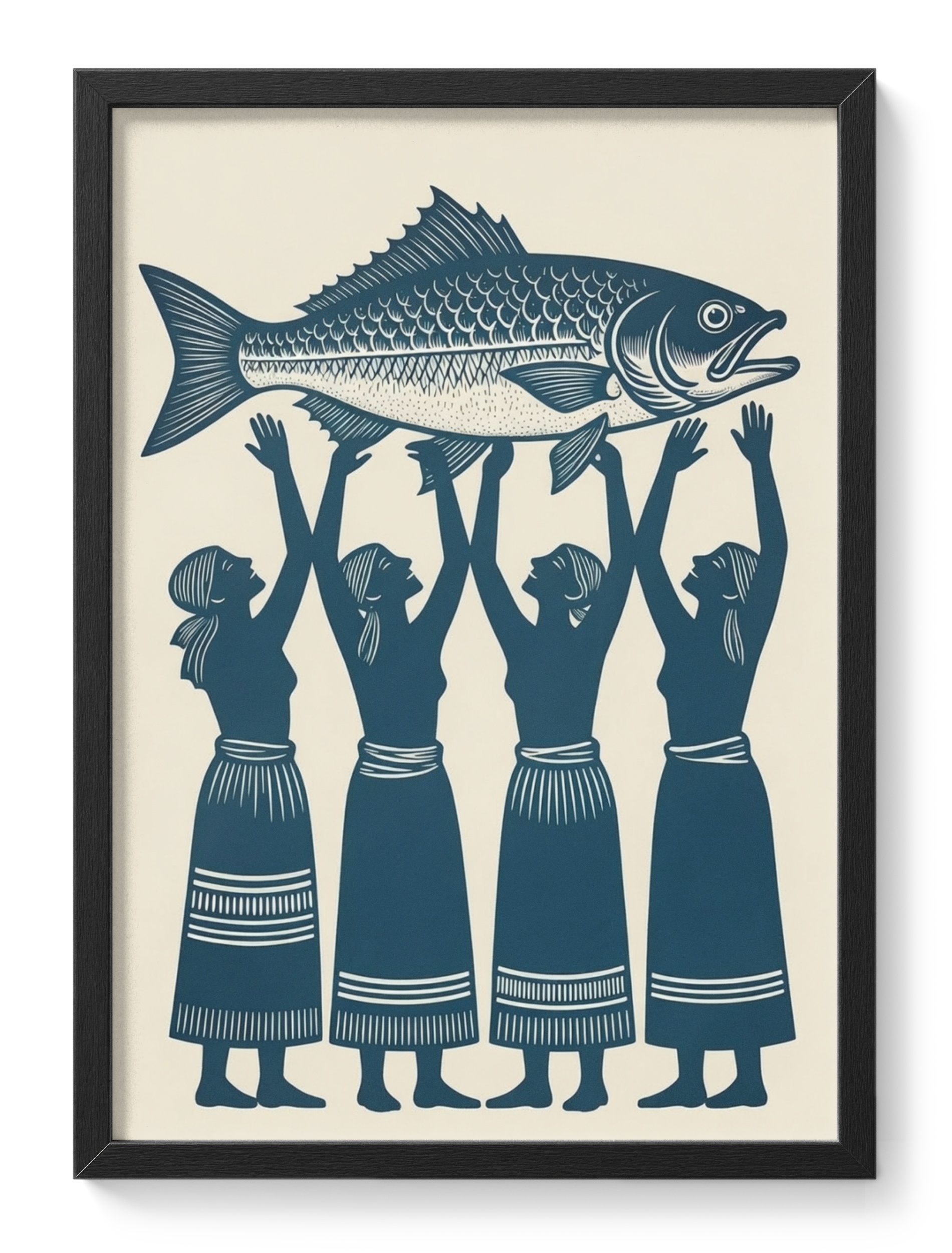 Fish Women Folk Art Linocut Coastal Community Blue Bold Four Lift — main view