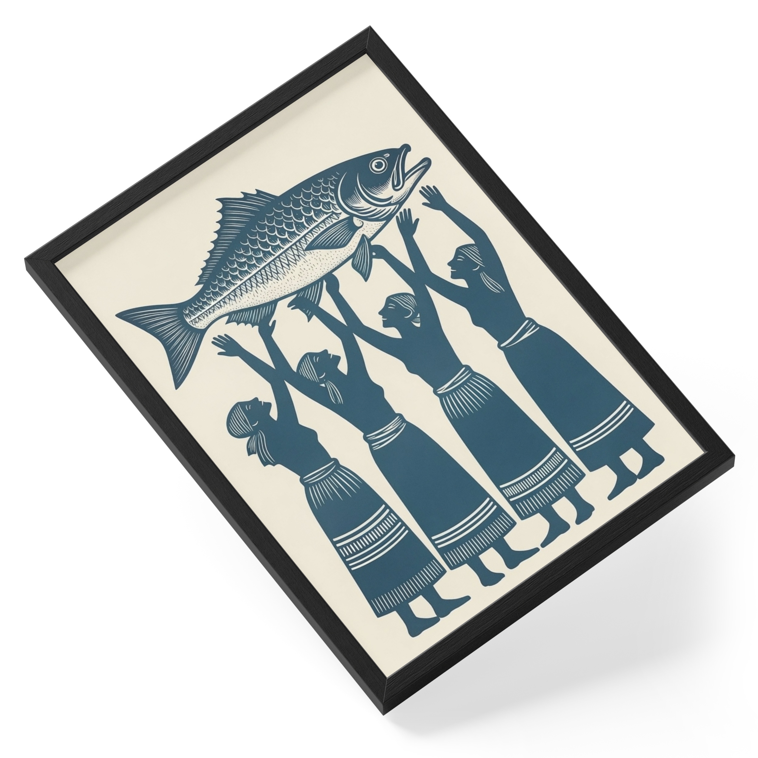 Fish Women Folk Art Linocut Coastal Community Blue Bold Four Lift — angled view