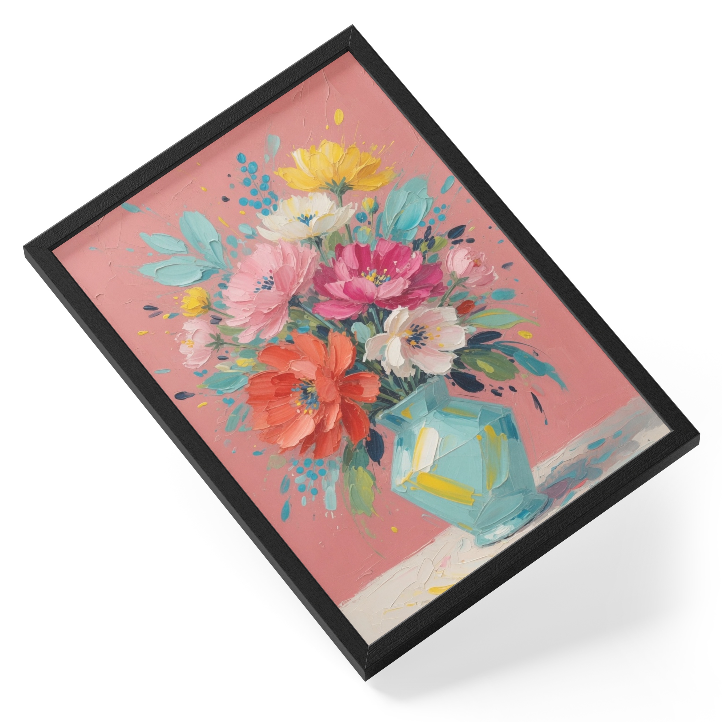Flower Bouquet Explosion Abstract Painting Floral Vase Colourful Thick — angled view