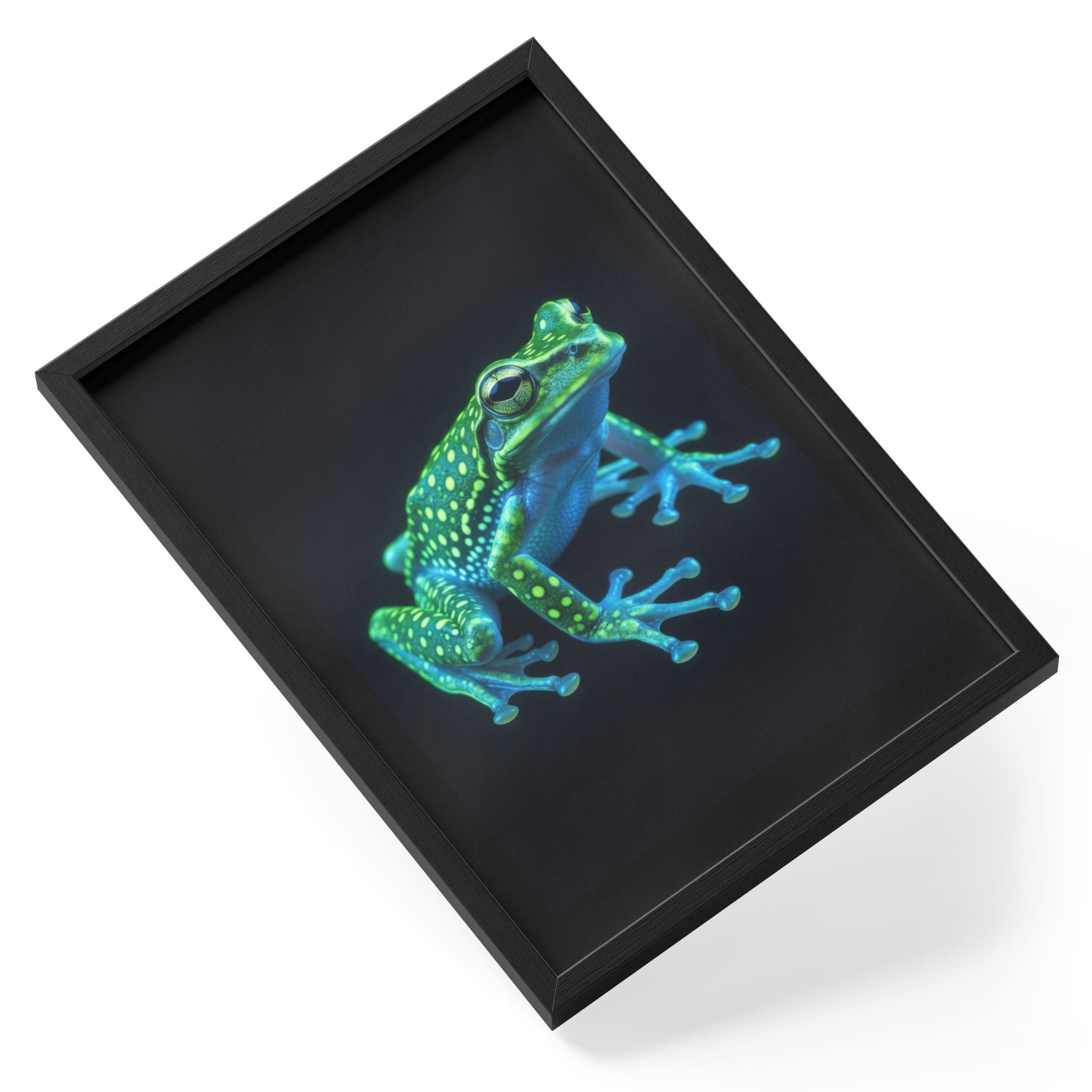 Majestic Uv Polka Dot Tree Frog Glowing Teal Spotted Amphibian Macro — angled view