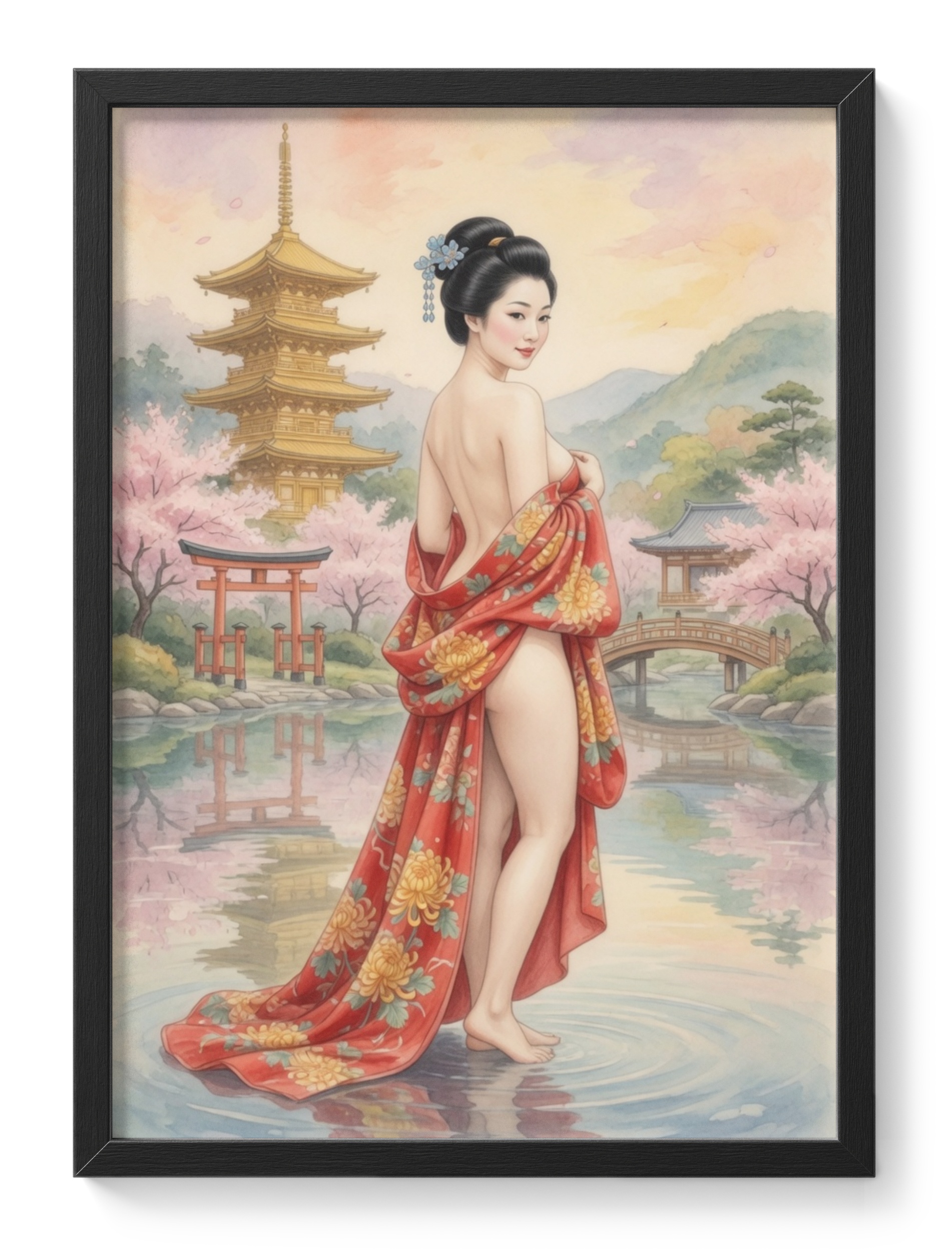 Kimono Garden Nude Study Cherry Blossom Pagoda Soft Watercolour Figure — main view