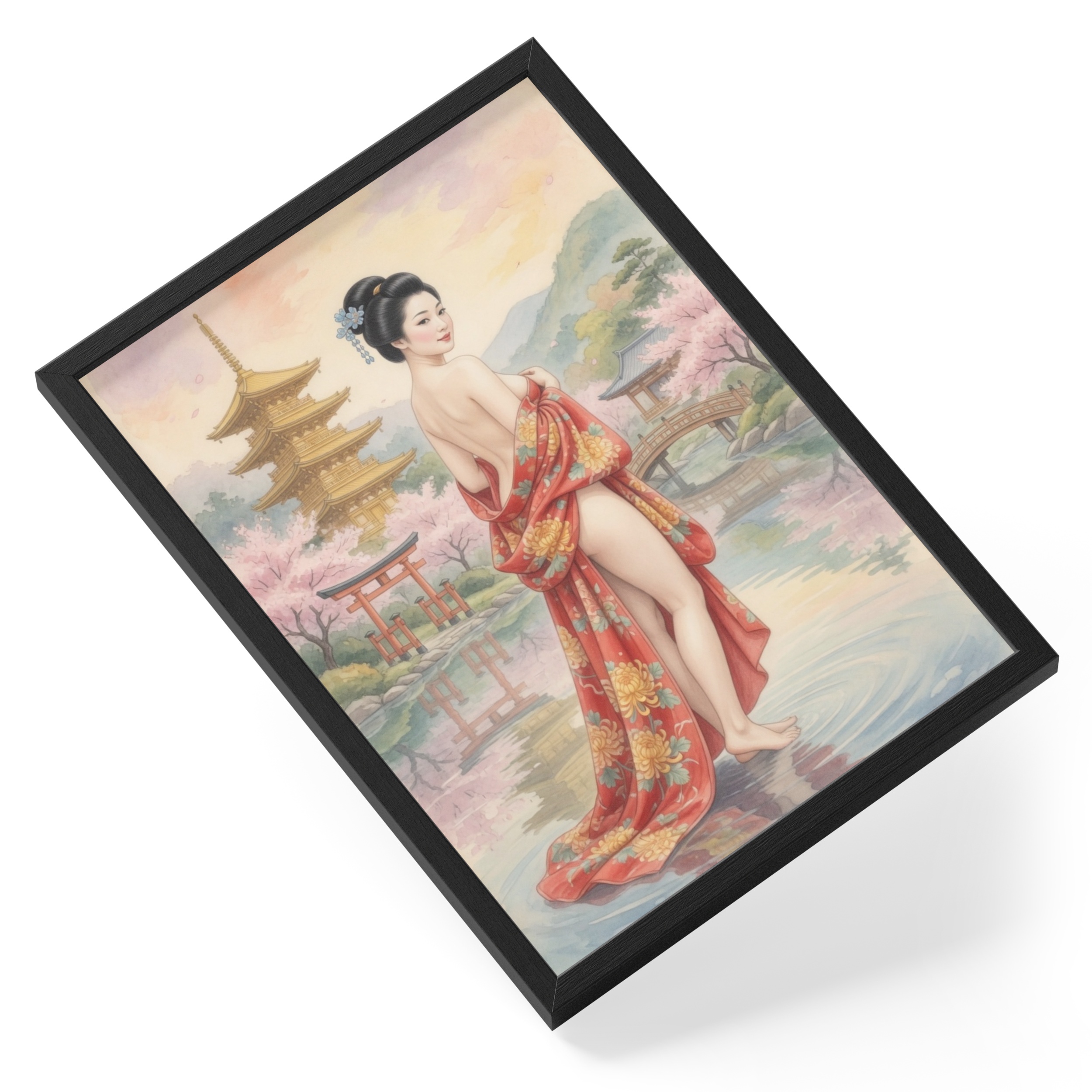 Kimono Garden Nude Study Cherry Blossom Pagoda Soft Watercolour Figure — angled view