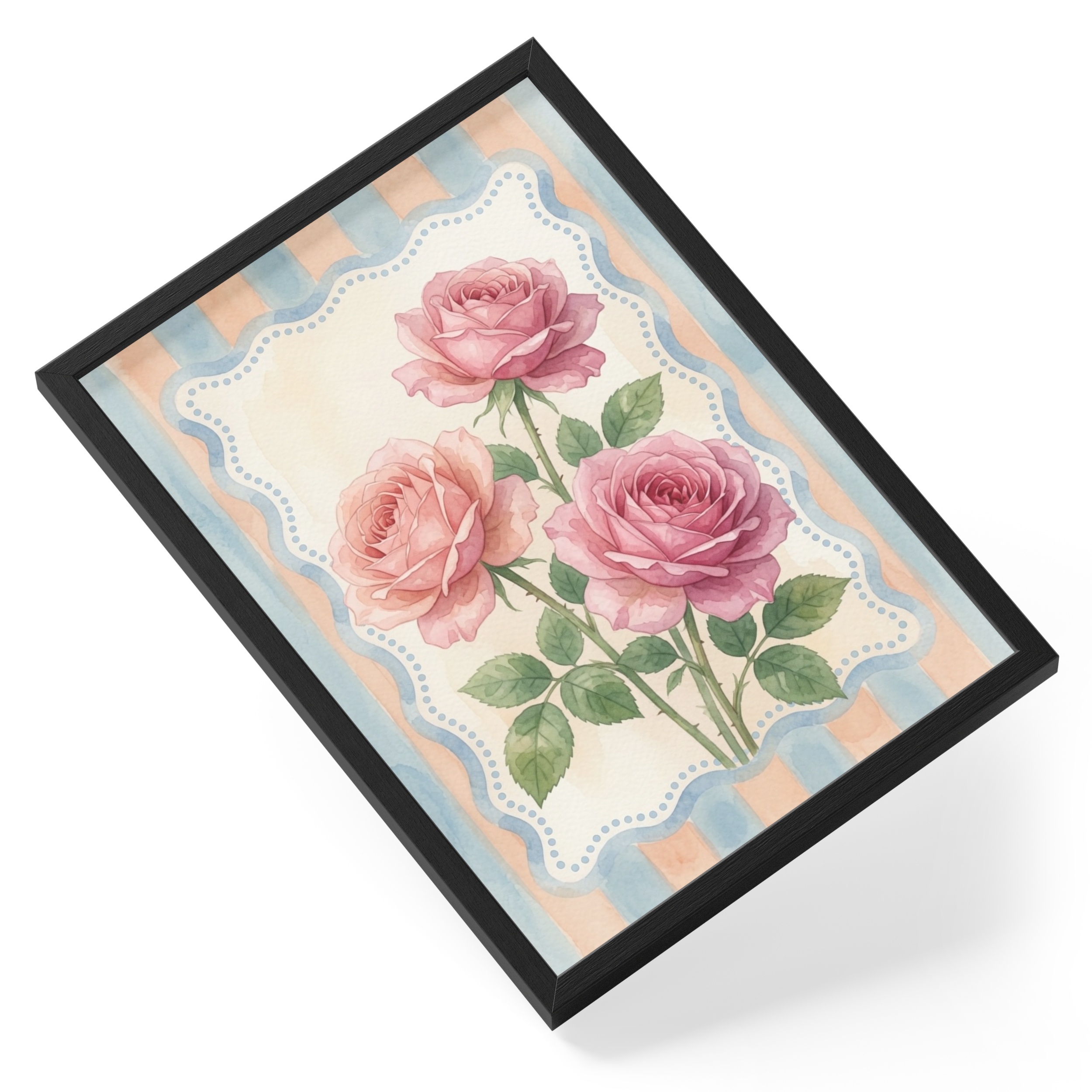 Roses Spring Easter Stripes Soft Pink Floral Watercolour Three Peach — angled view