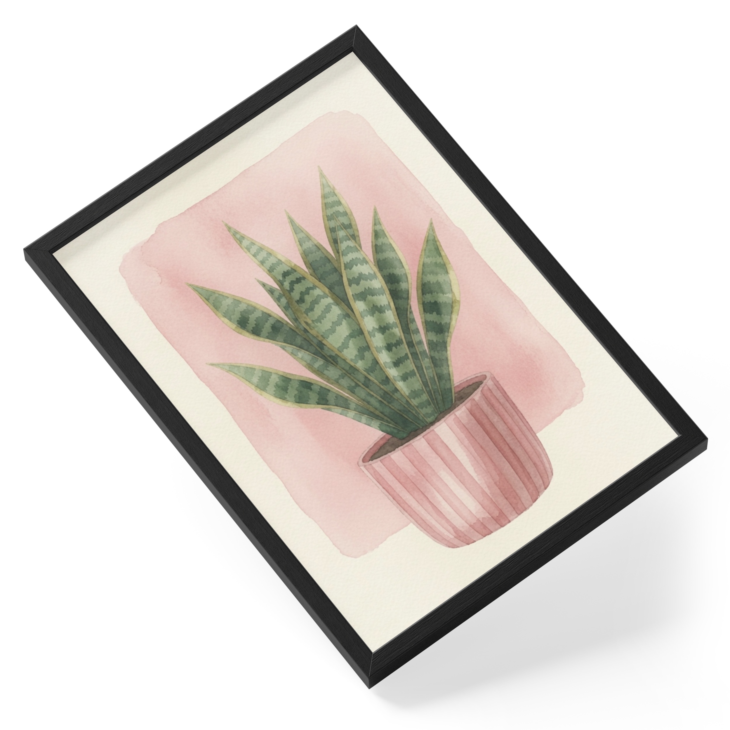 Snake Plant Pink Pot Botanical Watercolour Kitchen Soft Upright — angled view