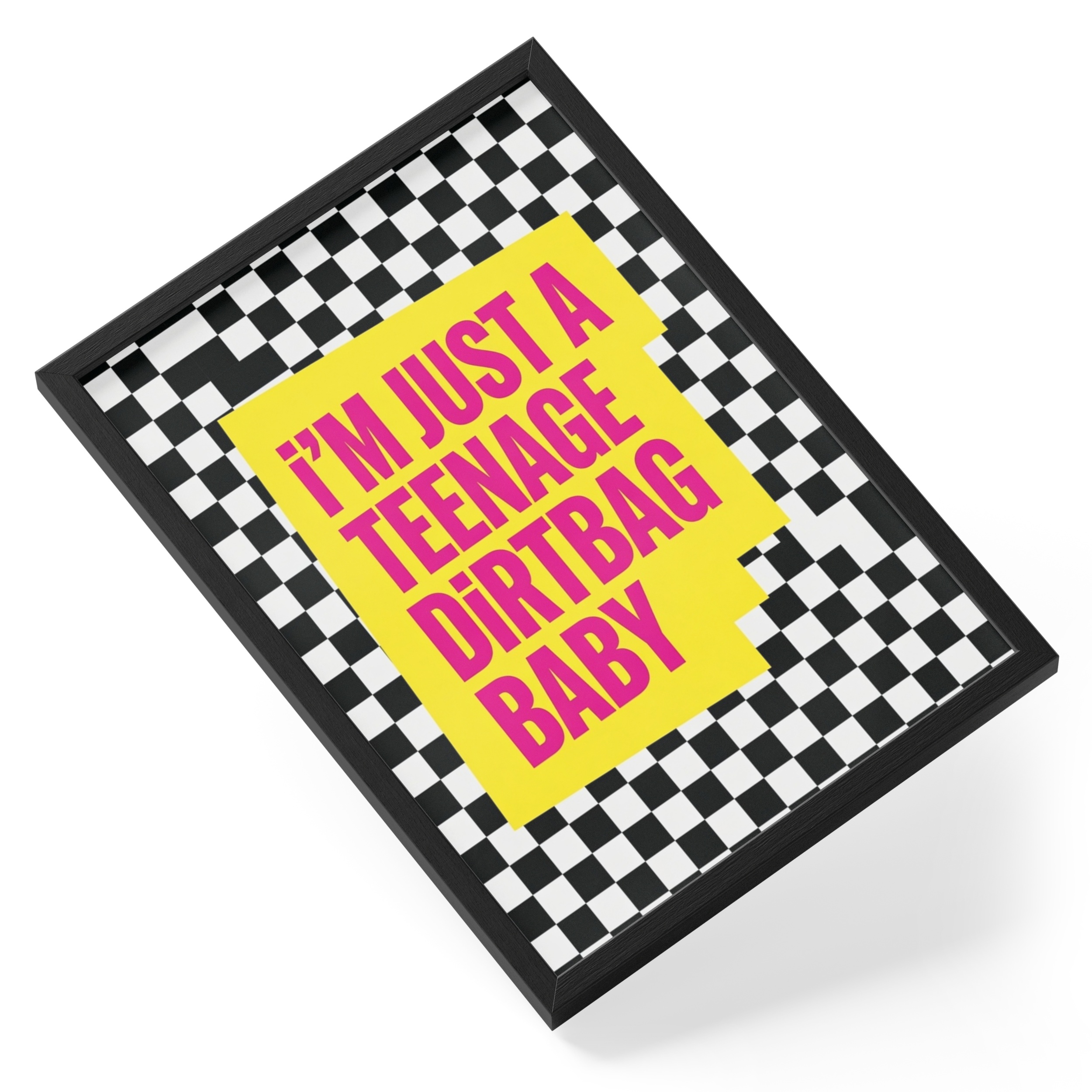 Teenage Dirtbag Baby Checkerboard Emo Music Quote Pink Yellow Stacks — angled view