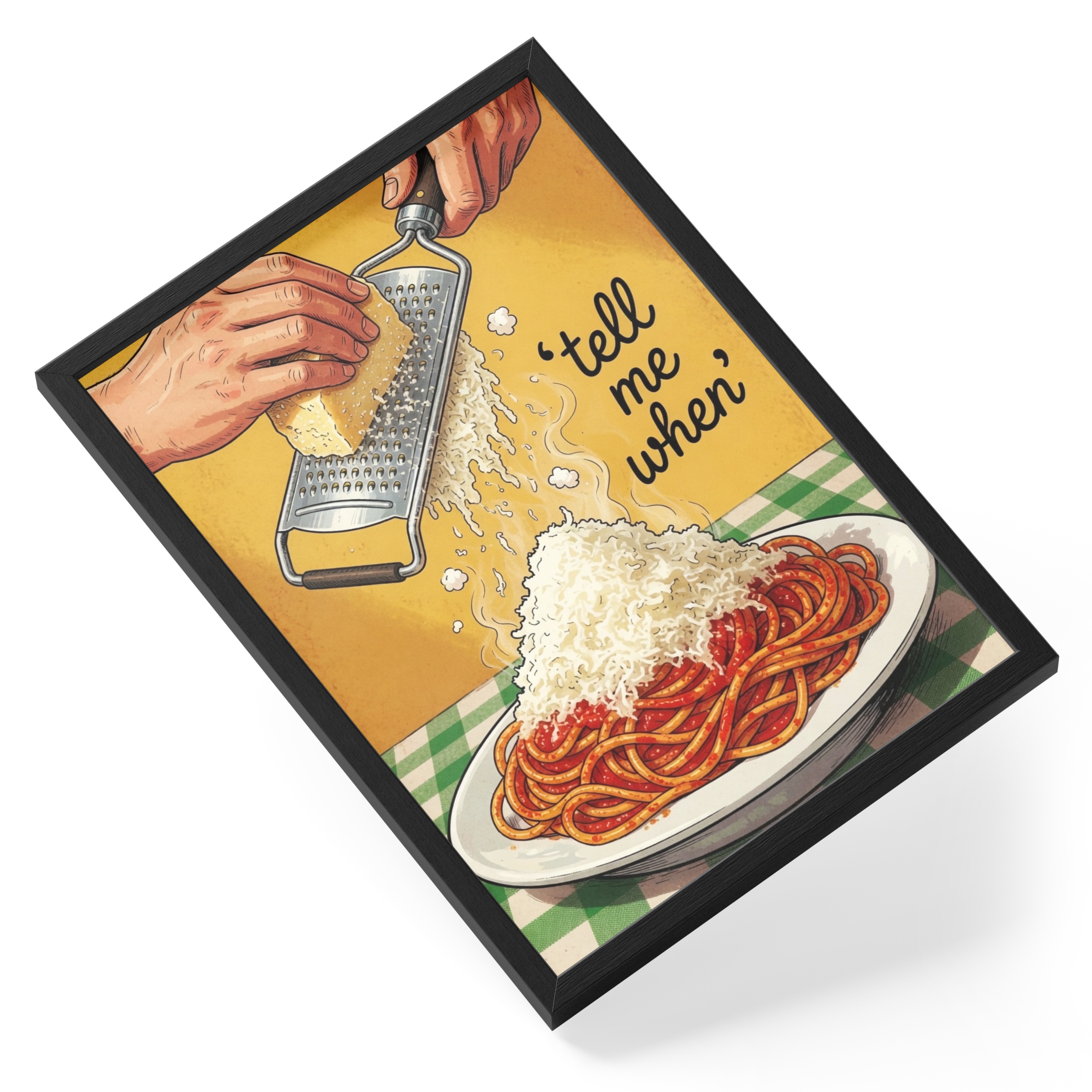 Tell Me When Pasta Spaghetti Cheese Kitchen Humour Mountain Steaming — angled view