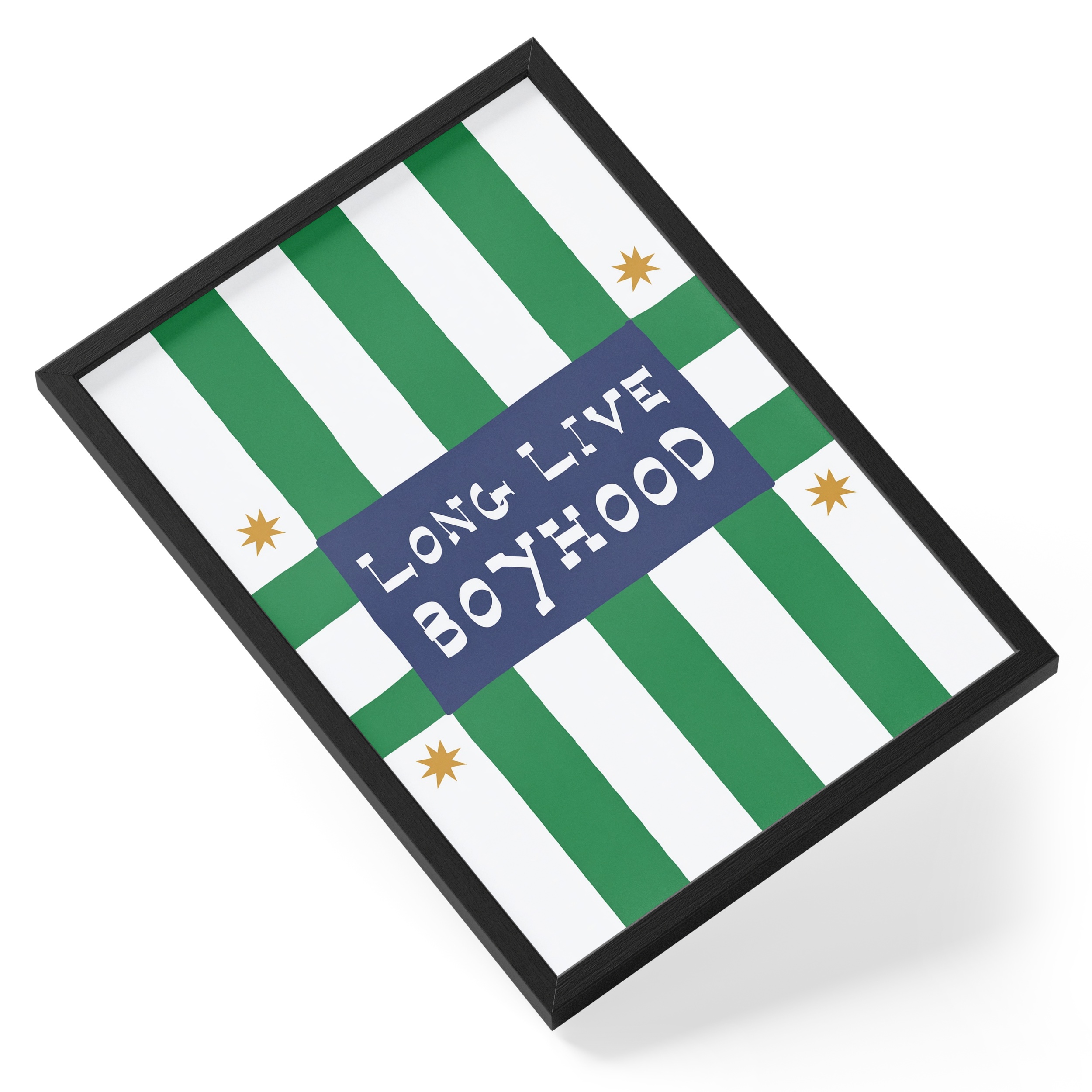Long Live Boyhood Navy Banner Green Check Stars Typography Kids — angled view