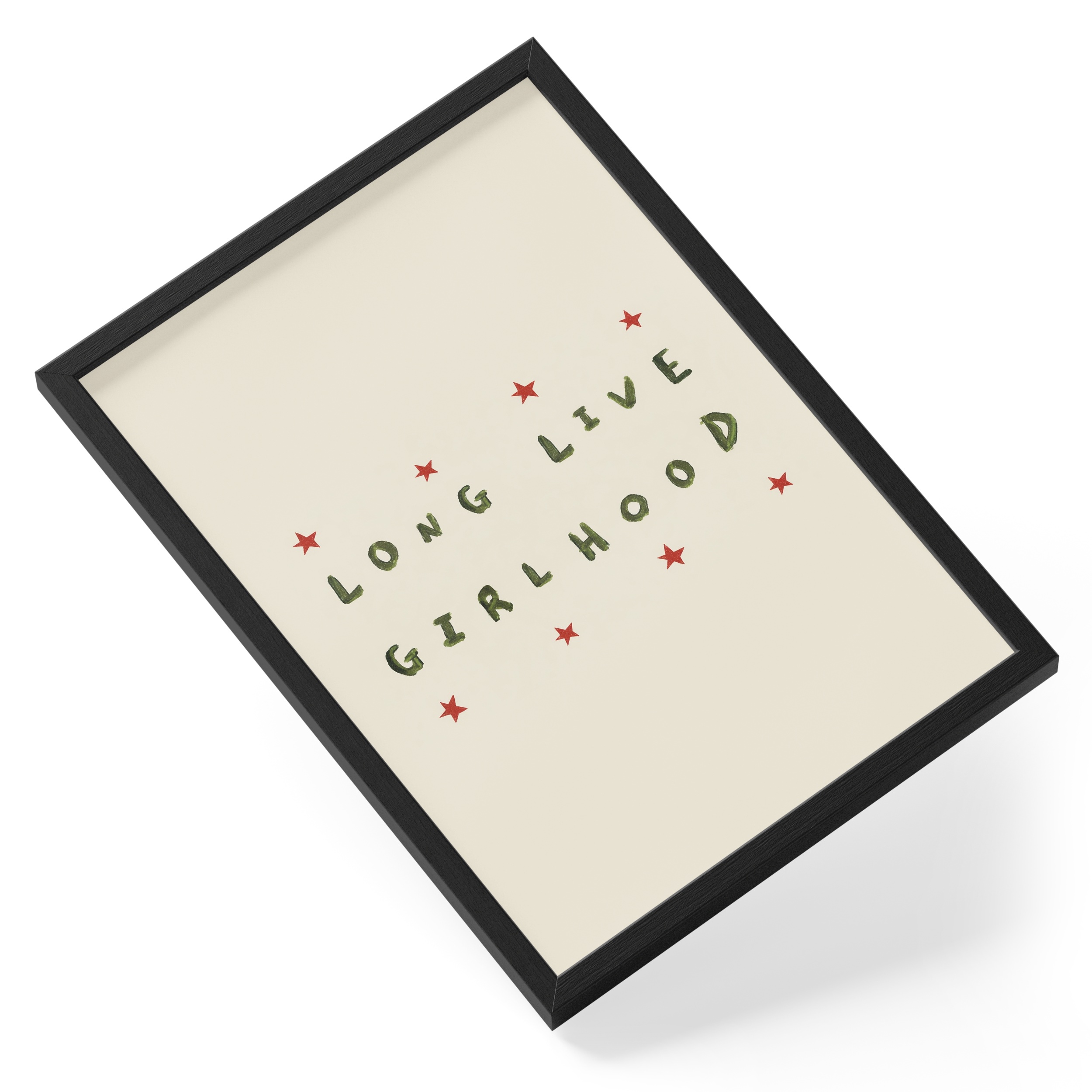 Long Live Girlhood Green Typography Red Stars Feminist Bold Statement — angled view