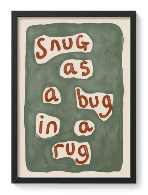 Snug As A Bug In A Rug Green Brown Typography Cosy Phrase