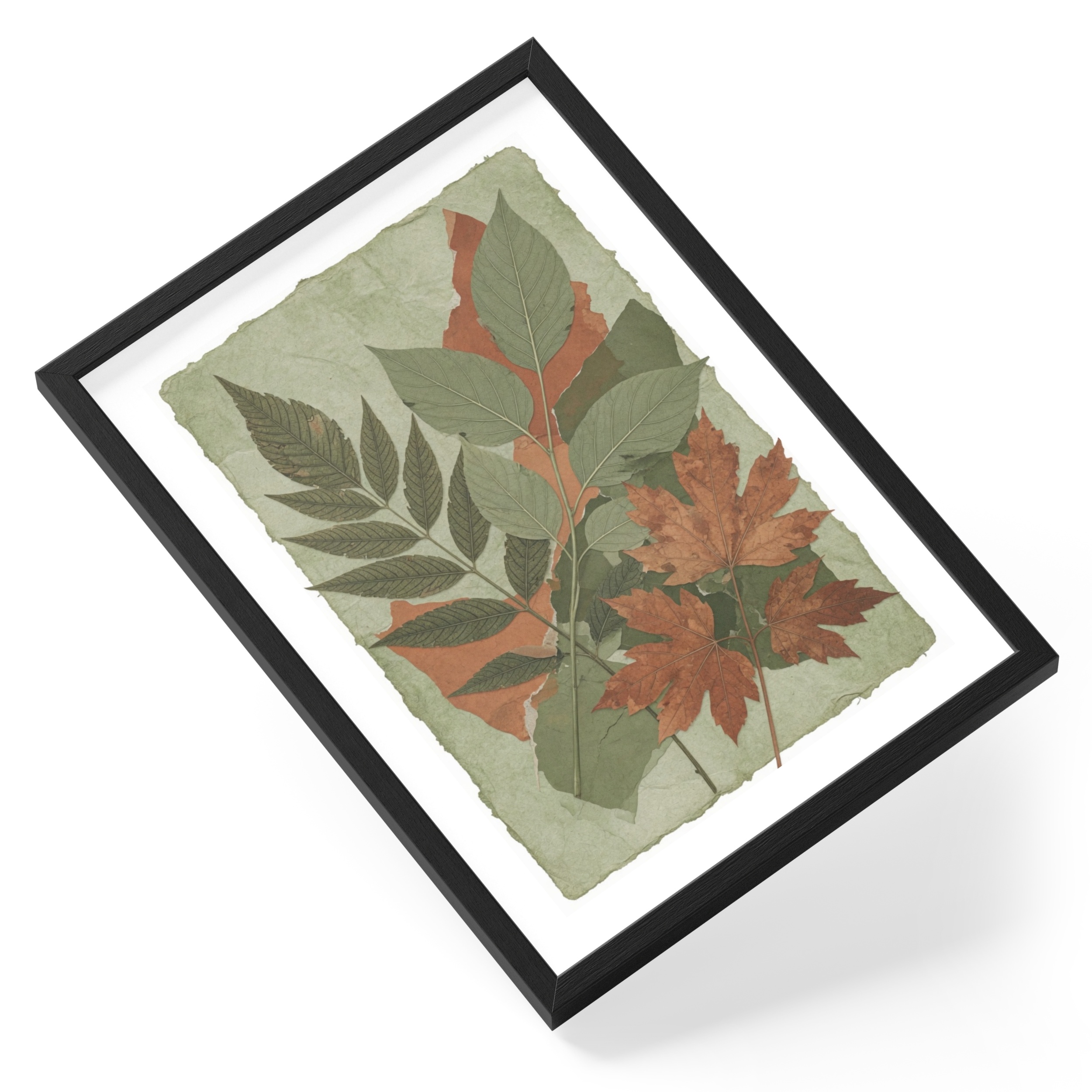 Botanical Leaves Pressed Autumn Maple Green Rust Nature Collage — angled view