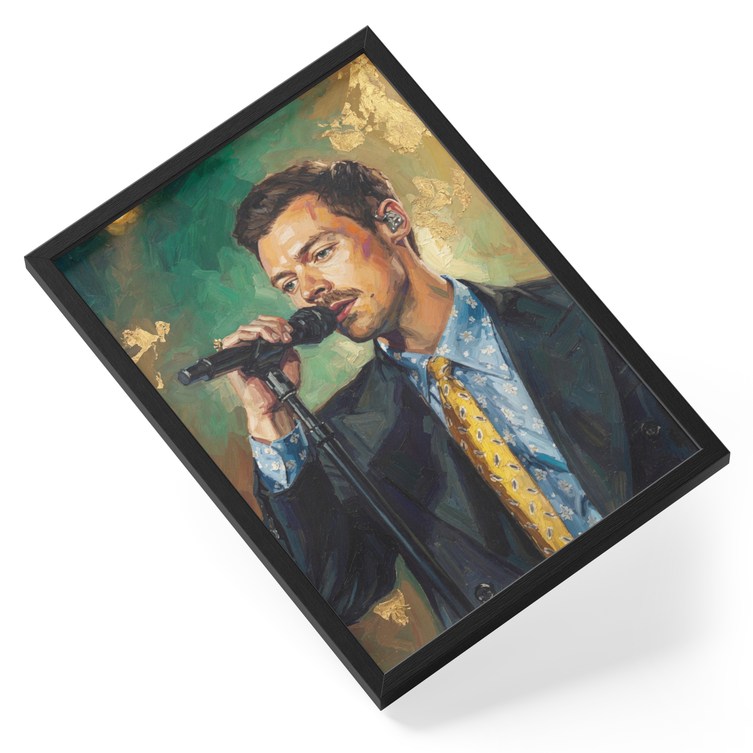Harry Styles Singer One Direction Microphone Floral Suit Portrait — angled view