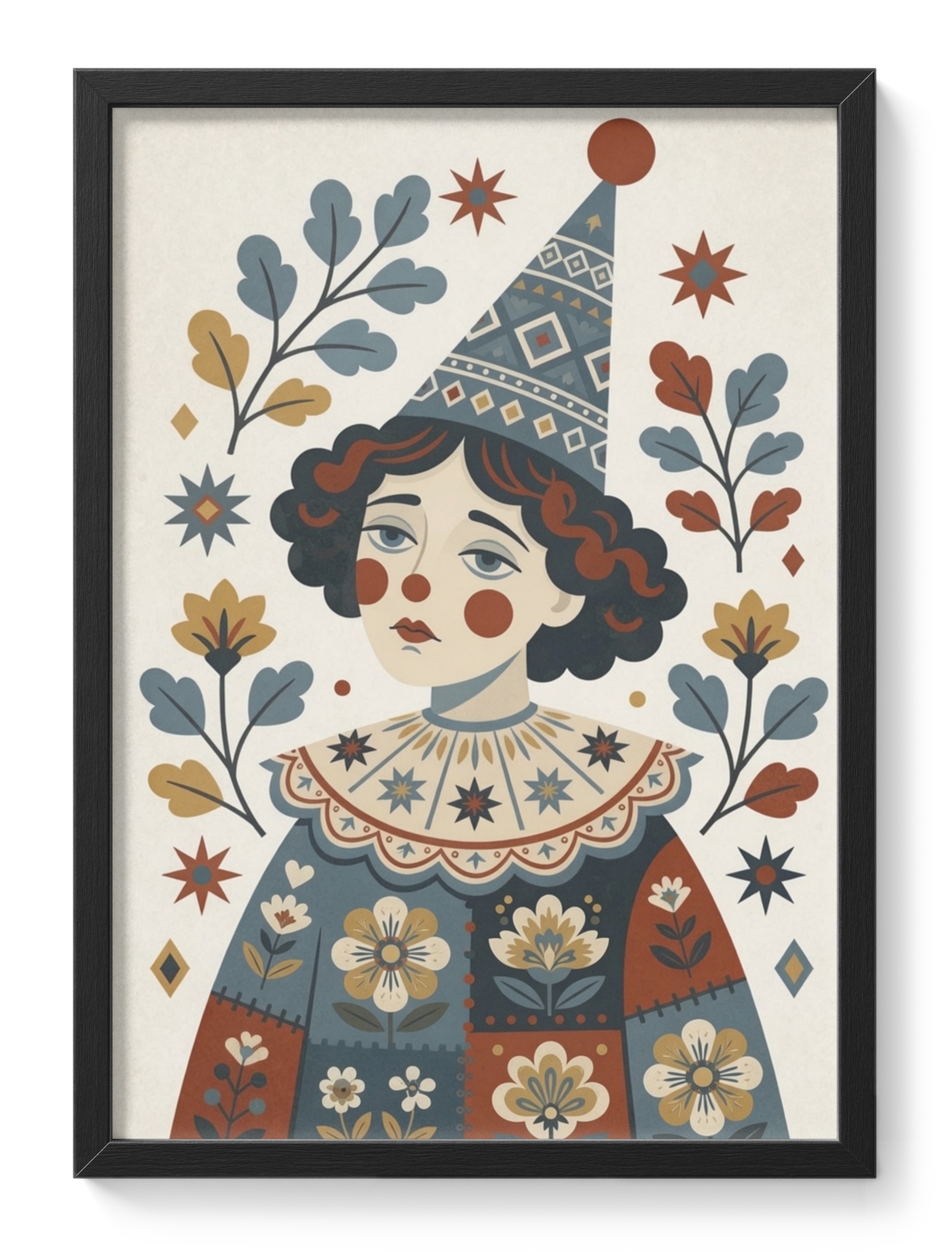 Melancholy Clown Girl Folk Floral Circus Sad Harlequin Portrait — main view