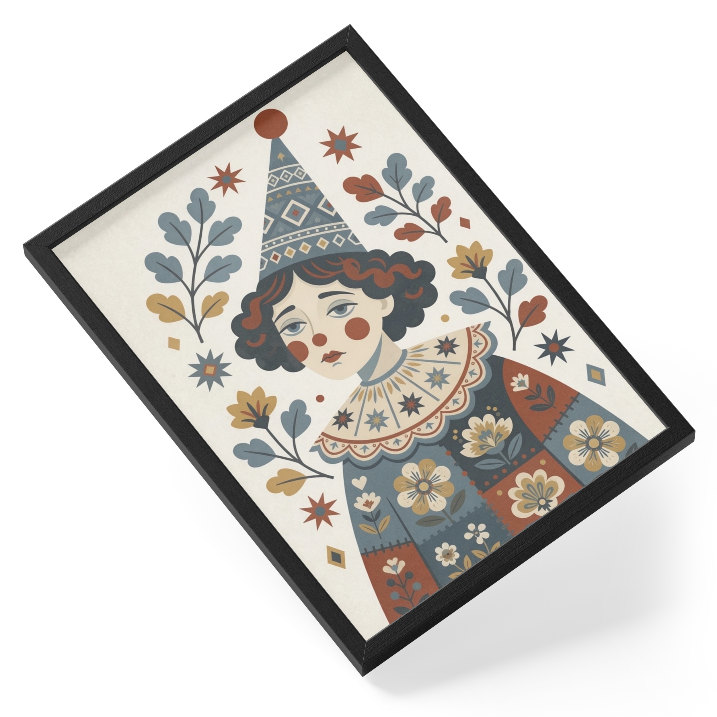 Melancholy Clown Girl Folk Floral Circus Sad Harlequin Portrait — angled view