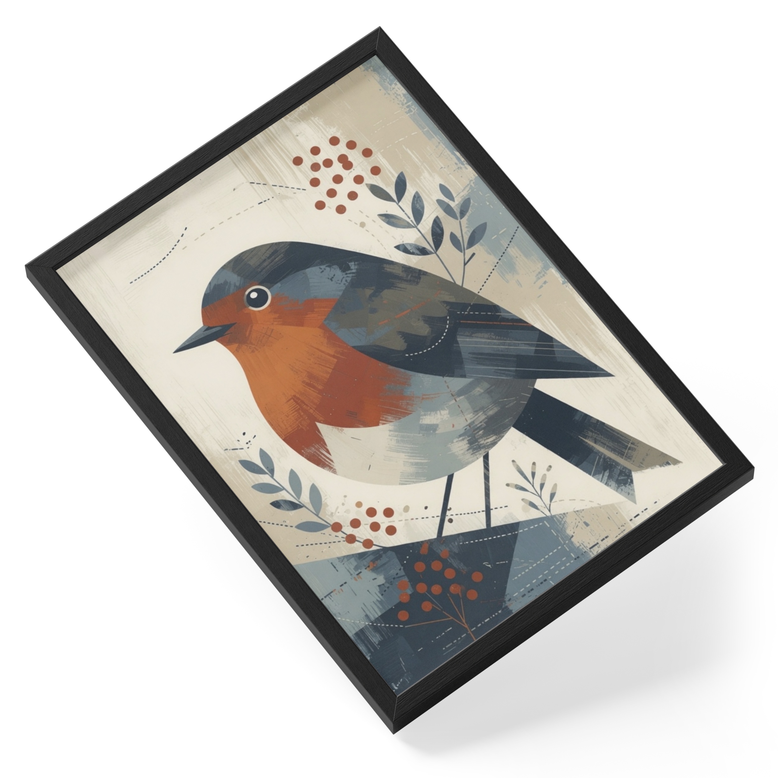 Robin Redbreast Bird British Garden Wildlife Folk Illustration — angled view