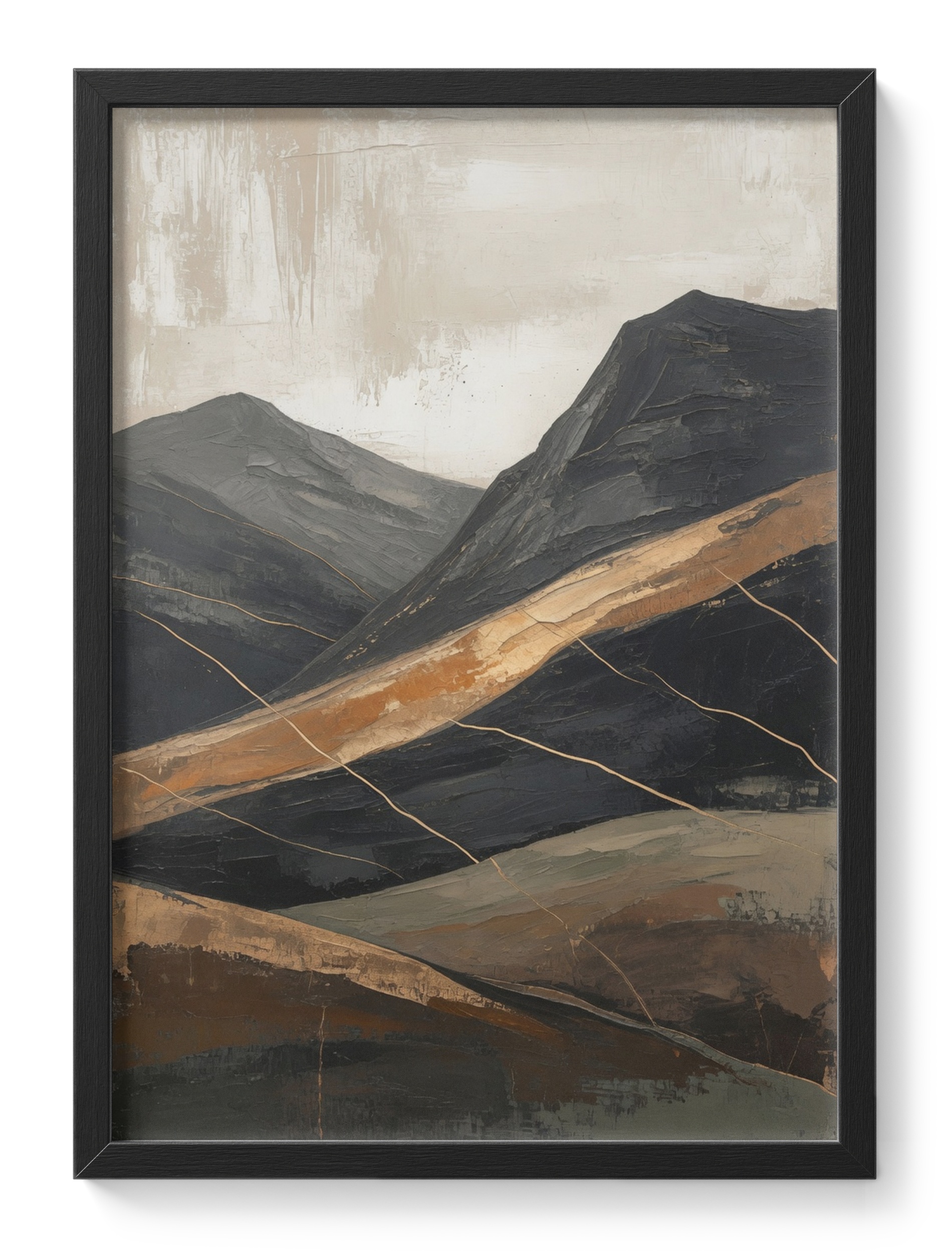 Abstract Dark Mountains Gold Bronze Band Textured Oil Landscape — main view
