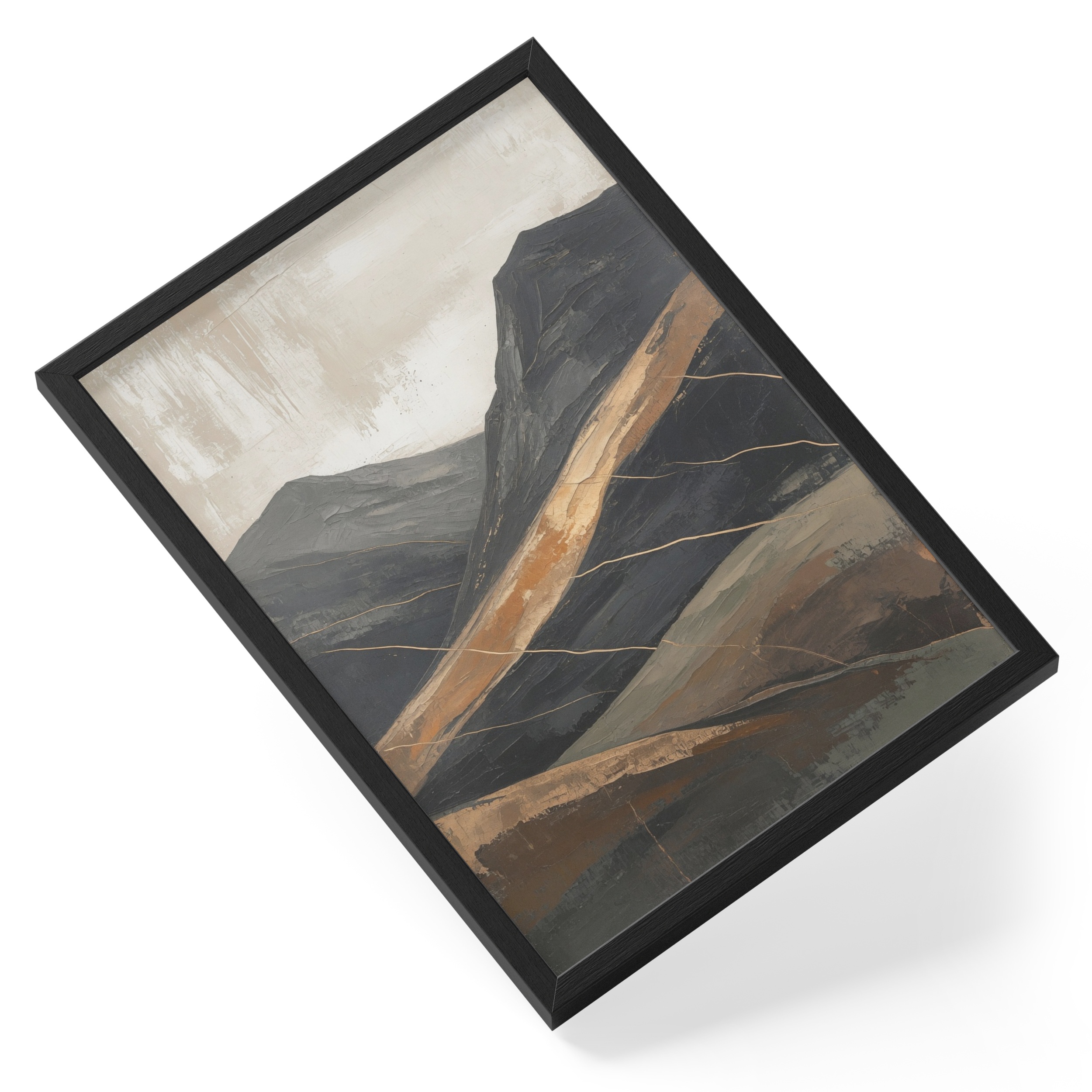 Abstract Dark Mountains Gold Bronze Band Textured Oil Landscape — angled view