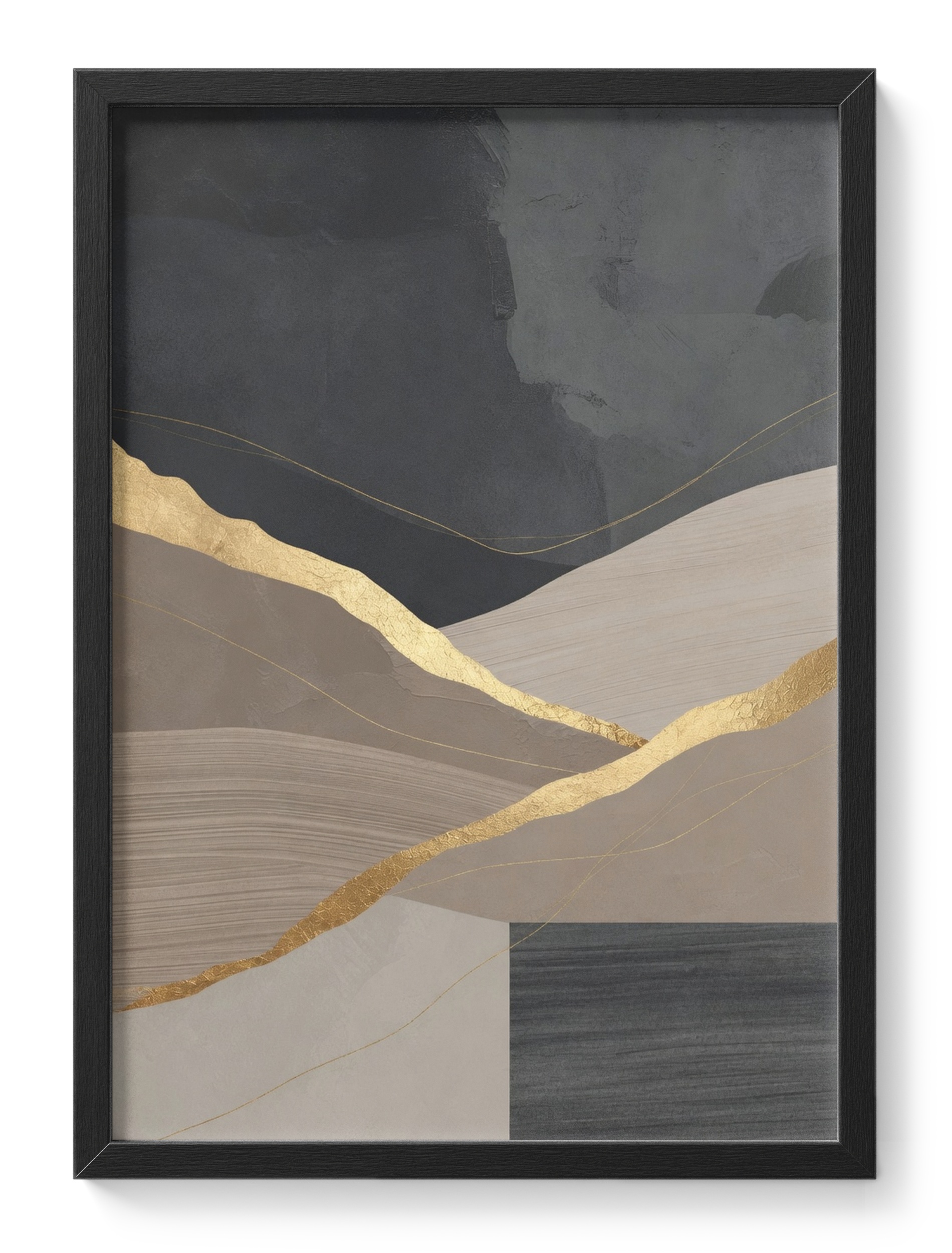 Abstract Gold Leaf Charcoal Taupe Mountains Luxury Landscape Painting — main view
