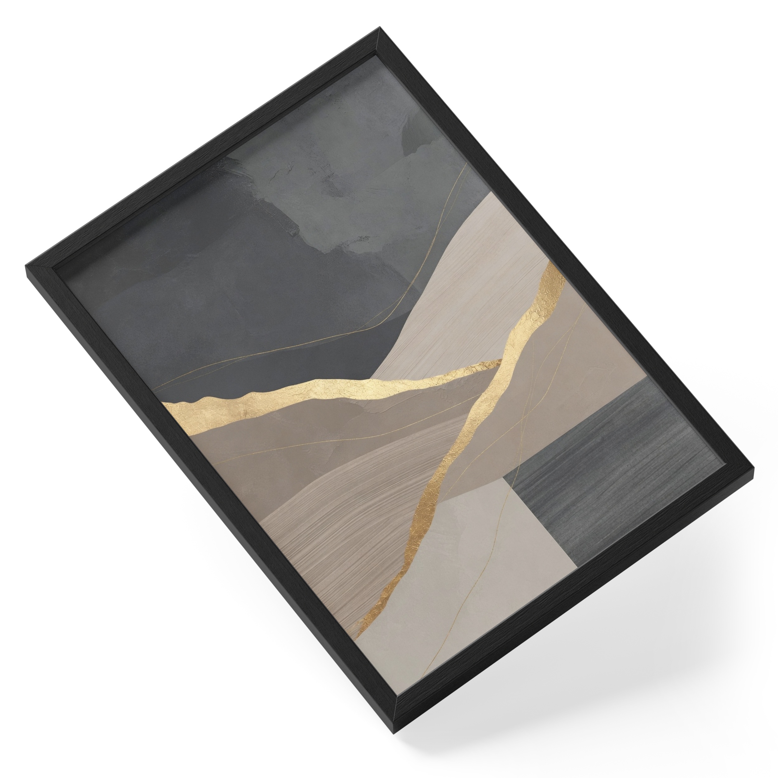 Abstract Gold Leaf Charcoal Taupe Mountains Luxury Landscape Painting — angled view