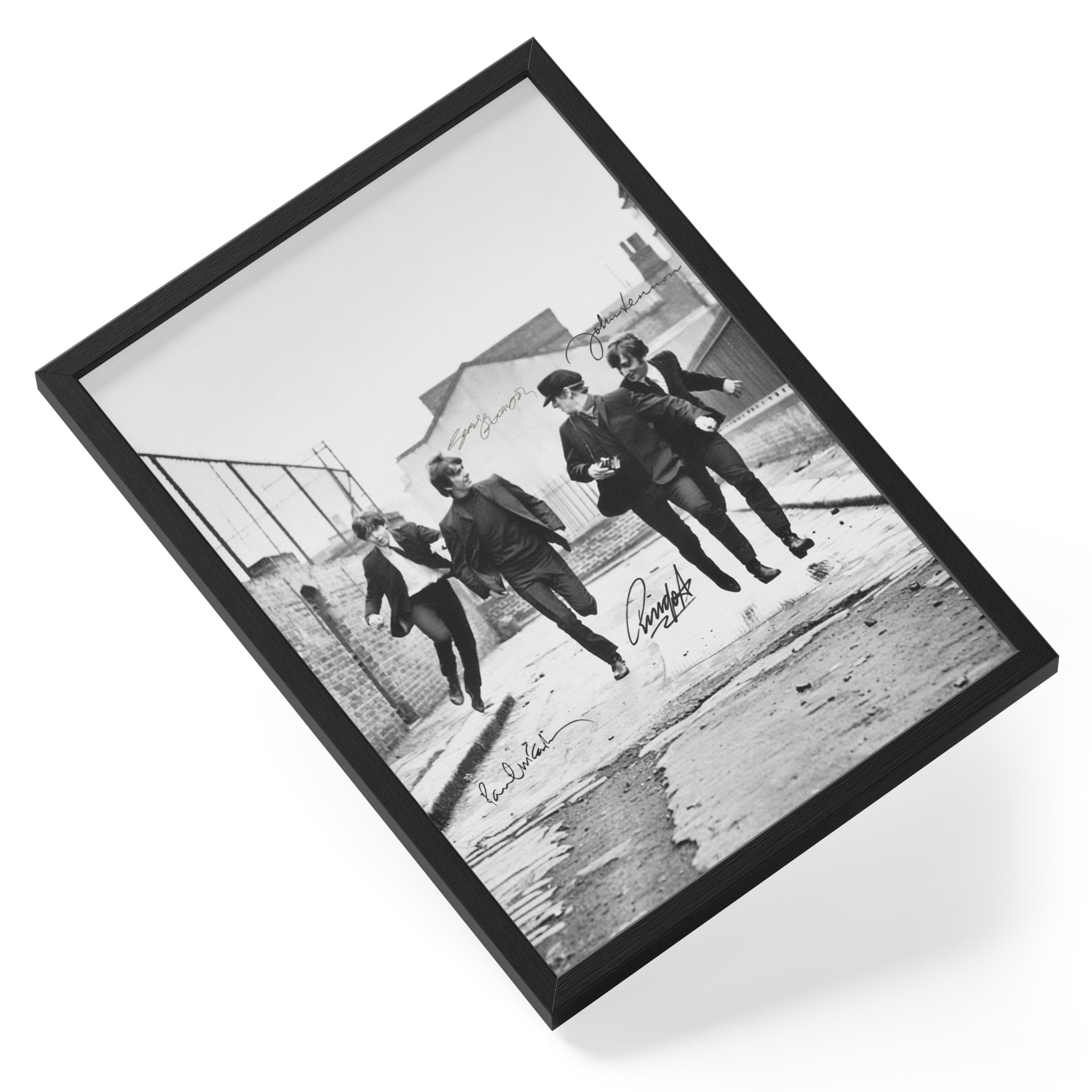 Beatles Jumping Alley Black White Signed Photo 1960s — angled view