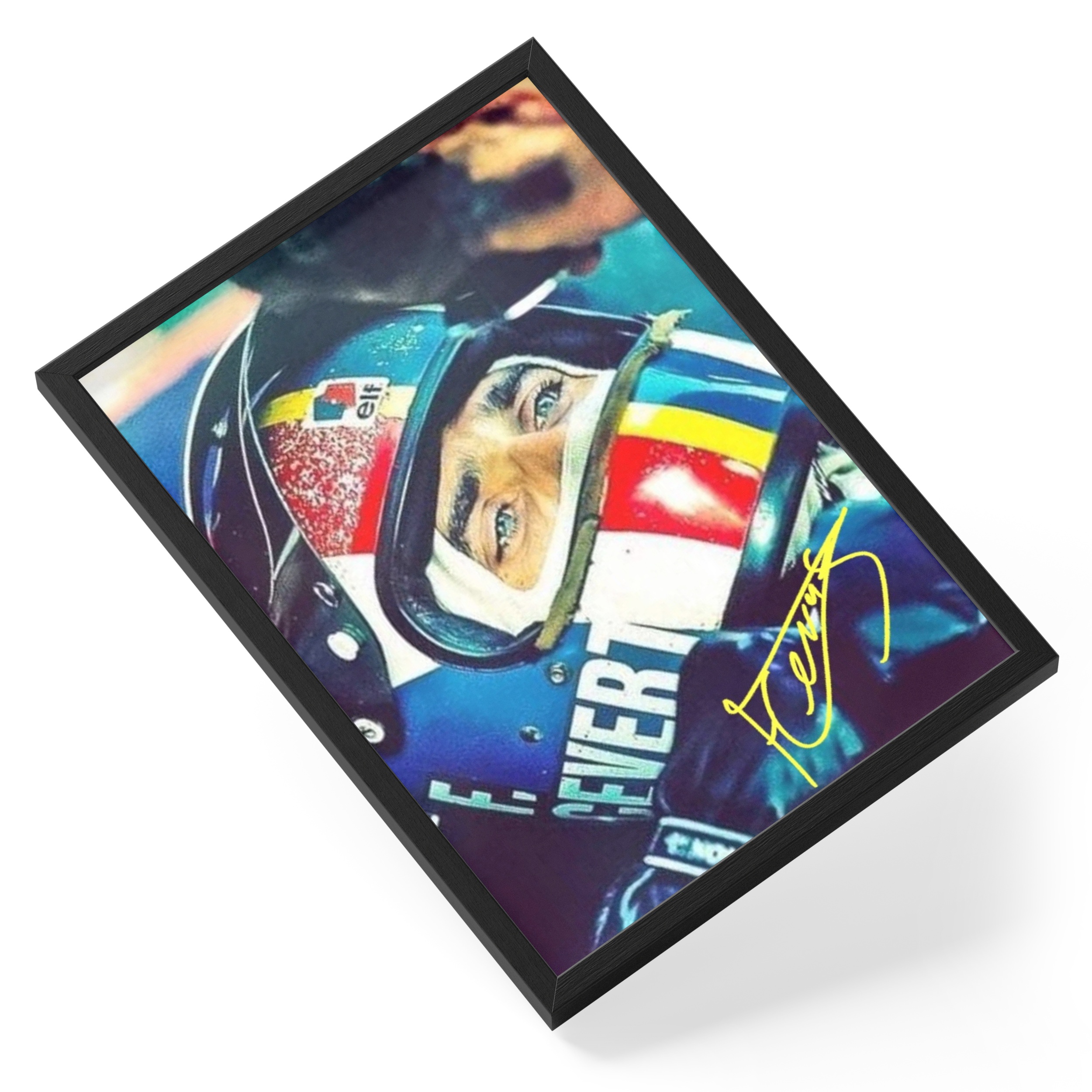 Francois Cevert Formula One Helmet Closeup Signed Portrait — angled view