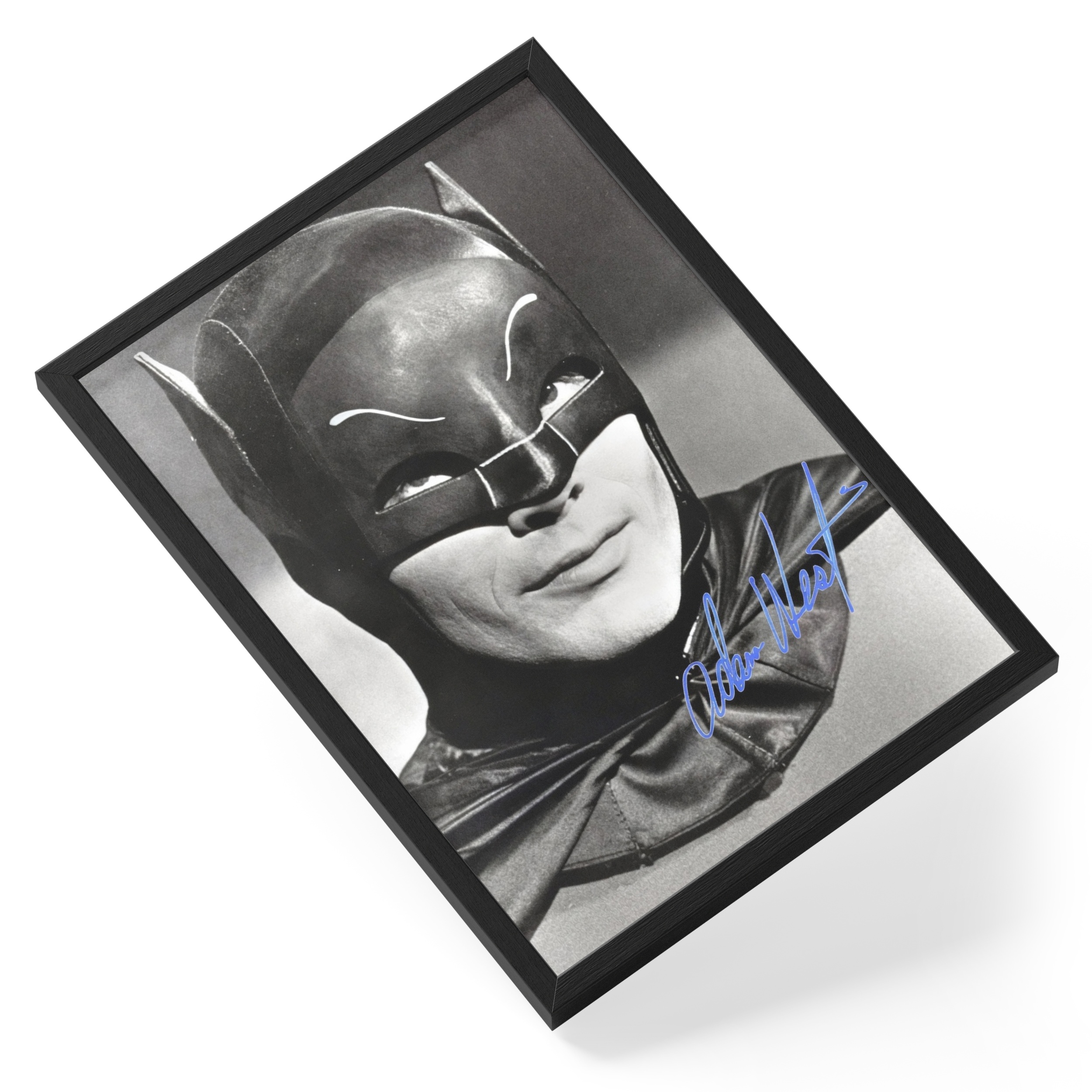Adam West Batman 1960s Tv Cowl Signed Portrait — angled view